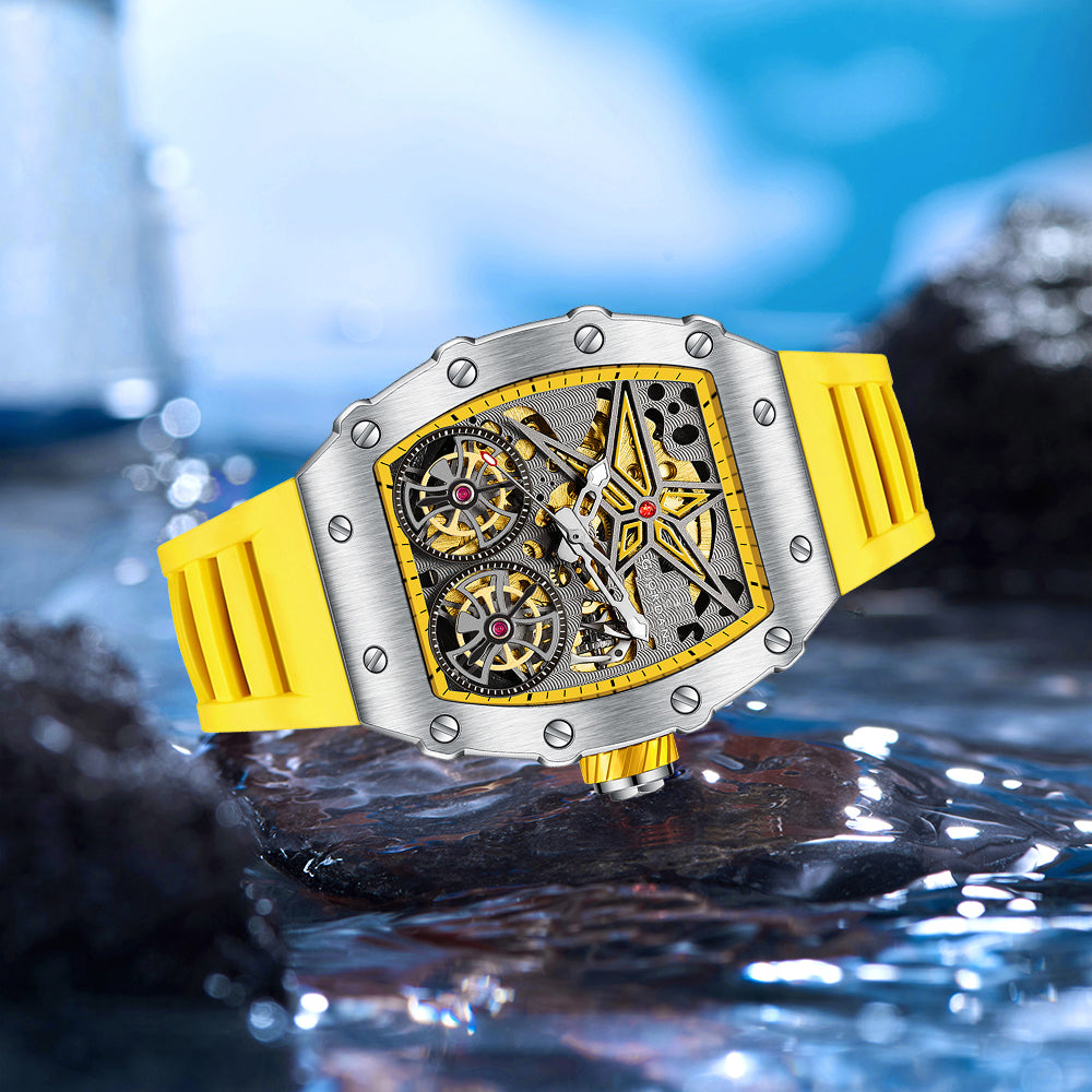 Giordano Luxury Automatic Watch for Men – Mechanical Skeleton Dial, Dual Gear Display,Silicon Strap | GZ-50128-03