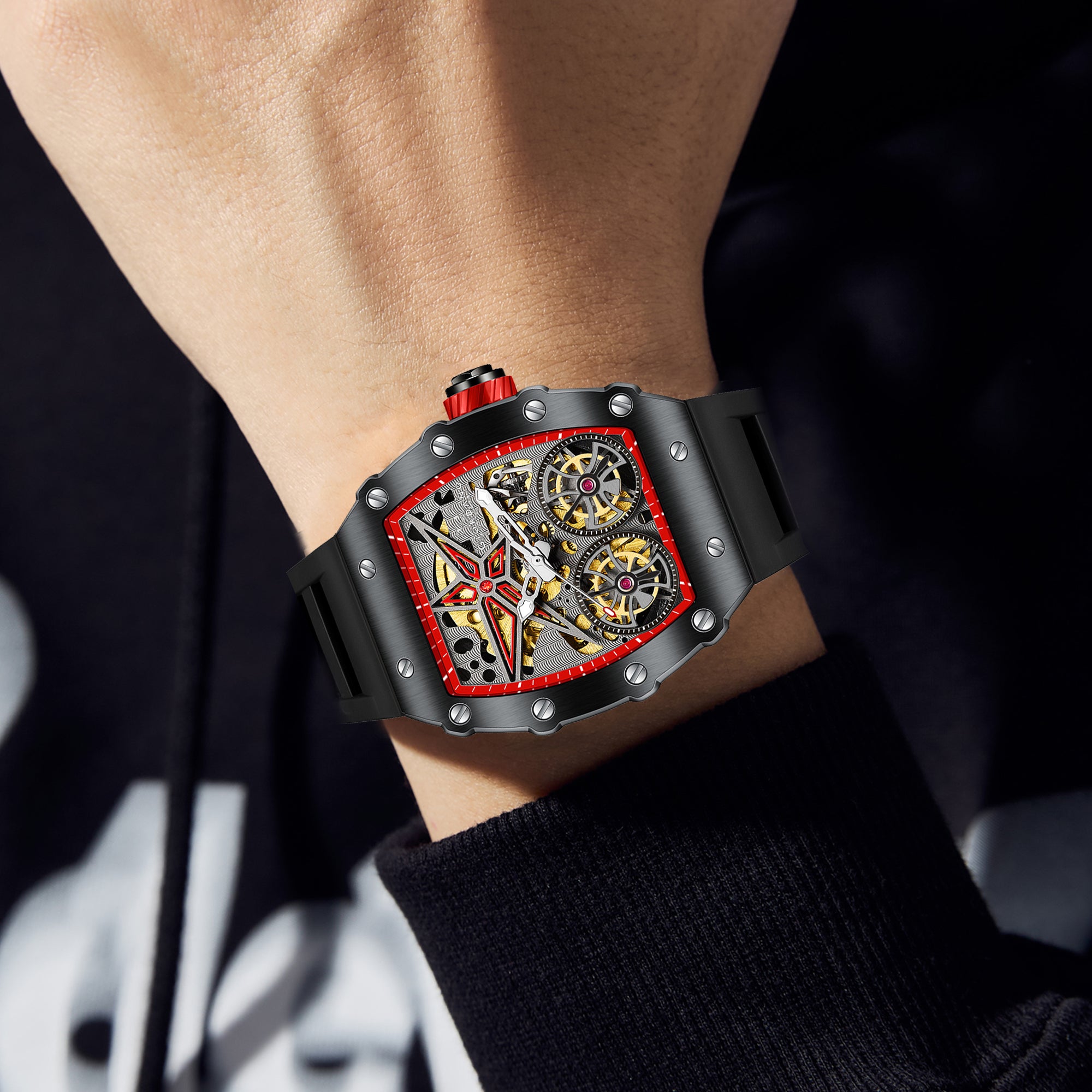 Giordano Luxury Automatic Watch for Men – Mechanical Skeleton Dial, Dual Gear Display,Silicon Strap | GZ-50128-02