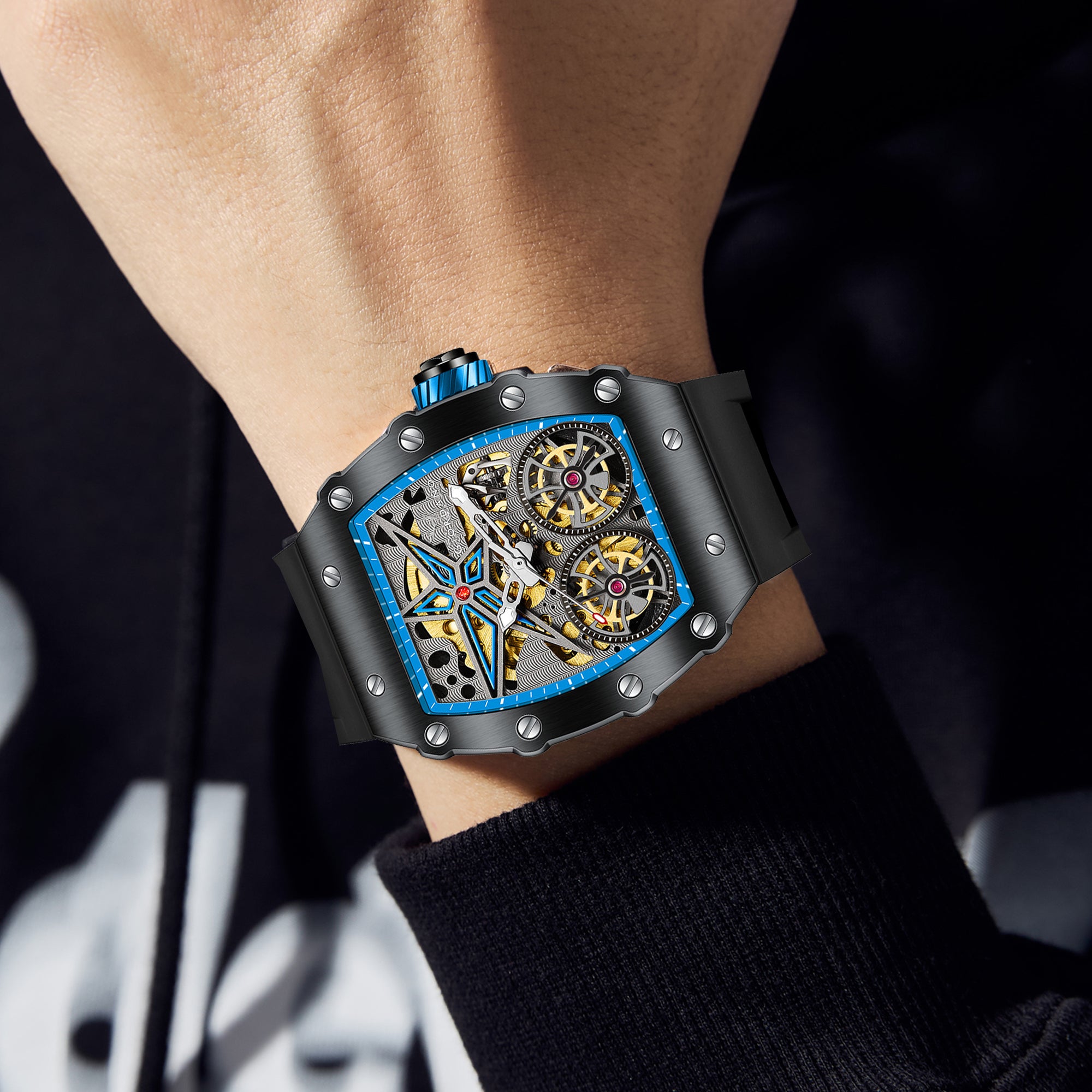 Giordano Luxury Automatic Watch for Men – Mechanical Skeleton Dial, Dual Gear Display,Silicon Strap | GZ-50128-01