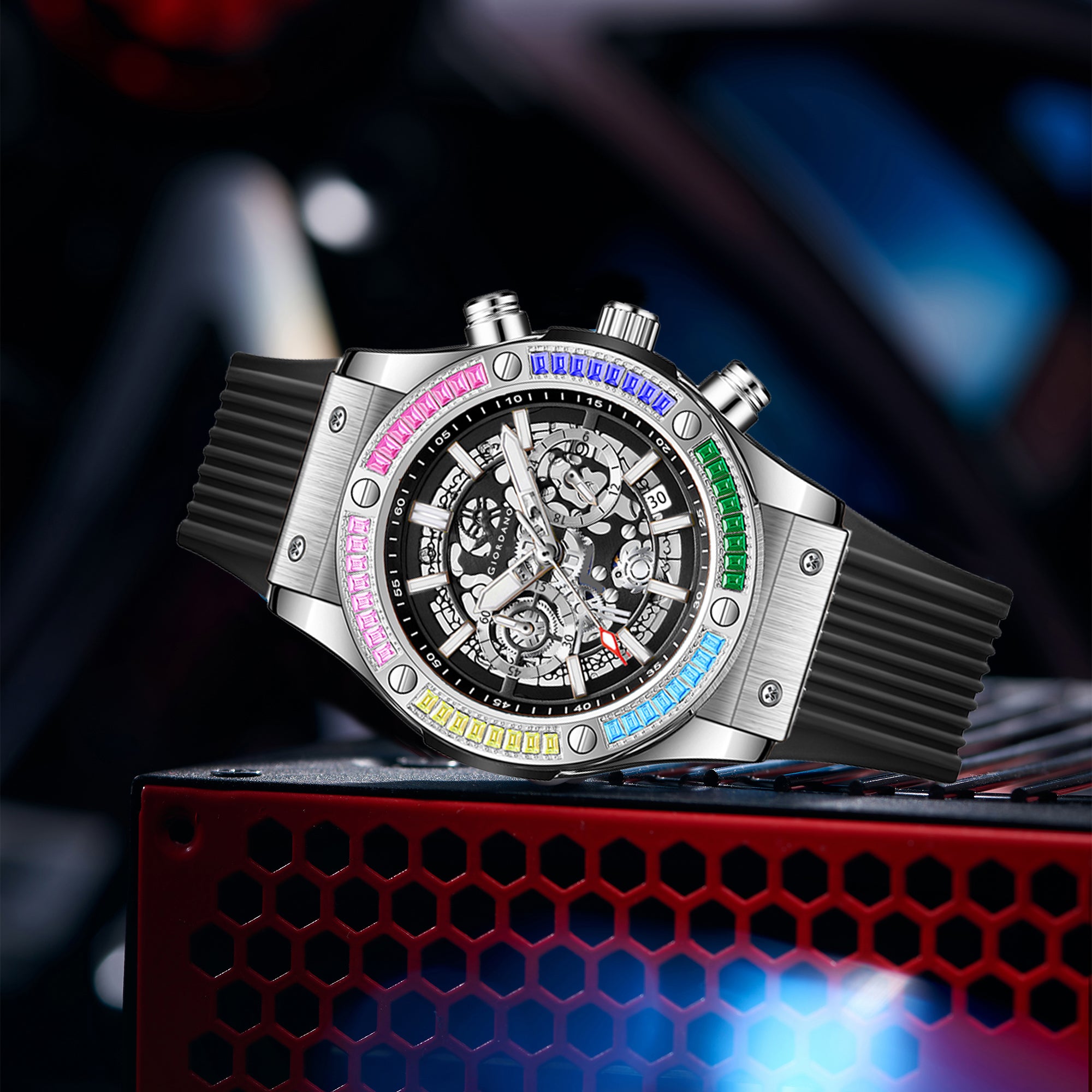 Giordano Multi-Function Watch for Men | Rainbow Crystal Bezel | Skeleton Dial | Black Sillicon Strap | GZ-50130-02
