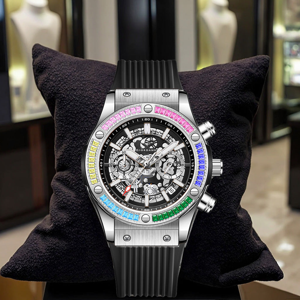 Giordano Multi-Function Watch for Men | Rainbow Crystal Bezel | Skeleton Dial | Black Sillicon Strap | GZ-50130-02