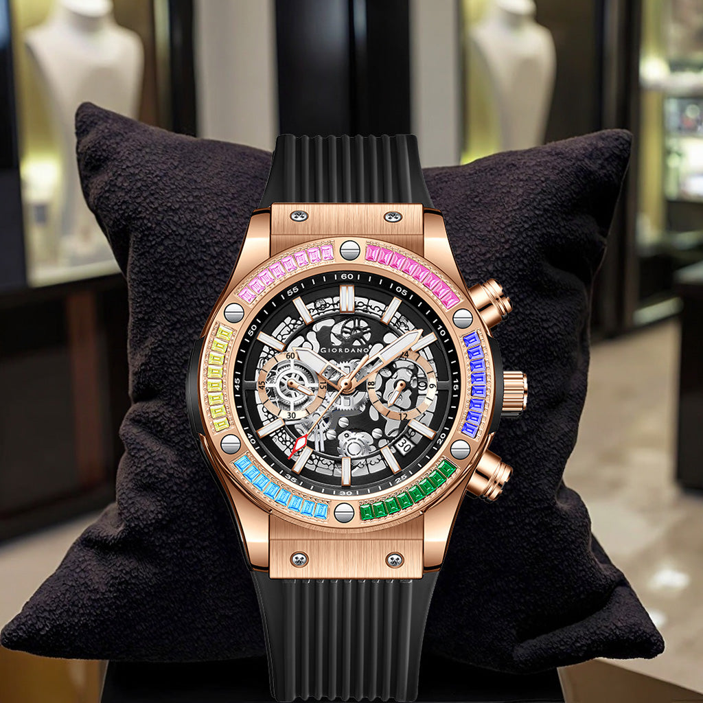 Giordano Multi-Function Watch for Men | Rainbow Crystal Bezel | Skeleton Dial | Black Sillicon Strap | GZ-50130-03