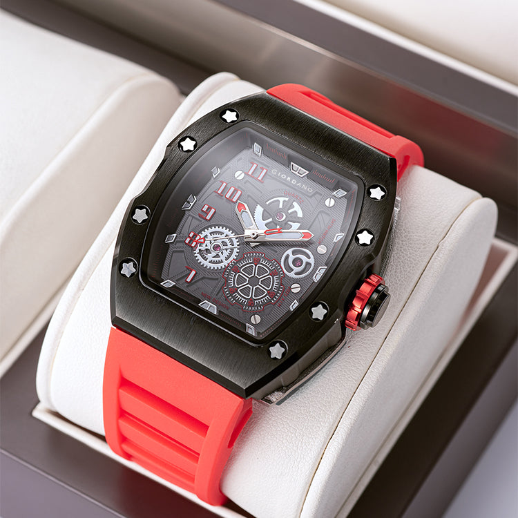 Giordano Sqaure Analog Casual Sporty Watch for Men – Mechanical-Inspired Design dial, Quartz Movement, silicon strap and date display | GZ-50150-02