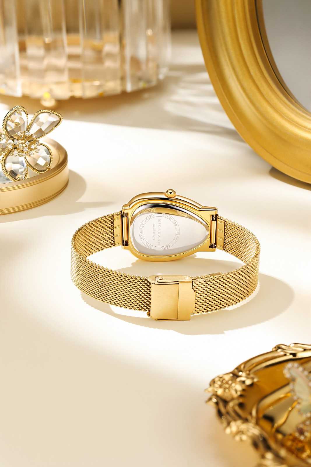 GIORDANO Elegant Analog Watch for Women | Textured Teardrop Dial, Crystal-Studded Oval Case Bezel & Stainless Steel Mesh Strap - GZ-60123-33