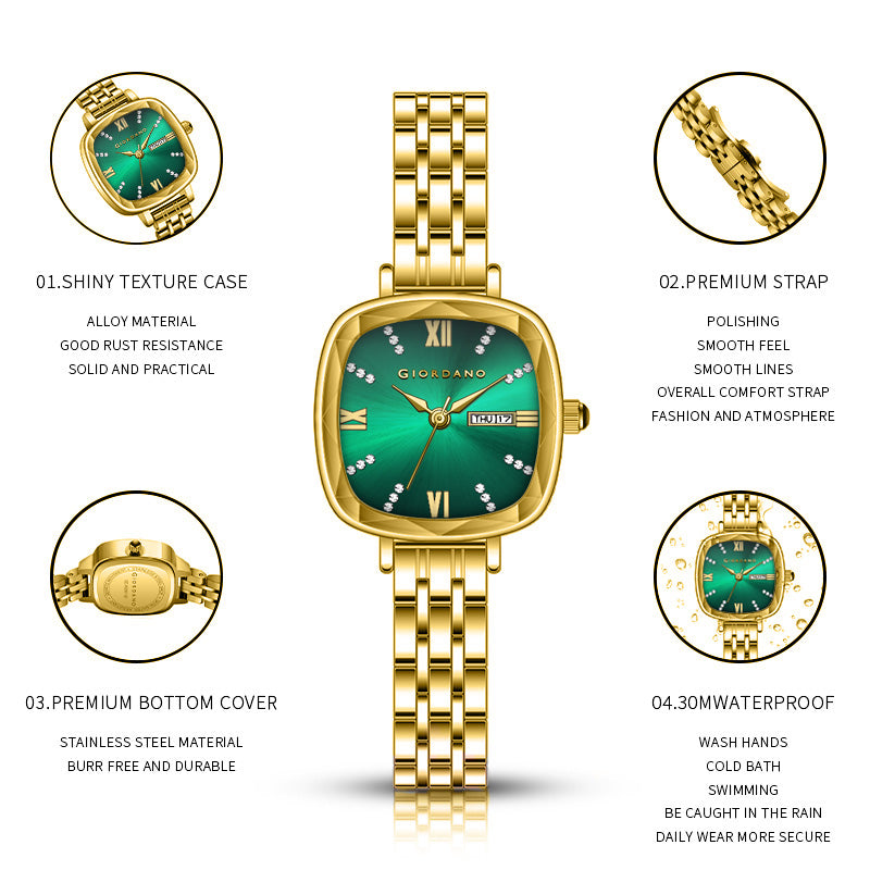 Giordano Elegant Square Watch for Women – Crystal & Roman Hour Markers, Day-Date Display, Stainless Steel Strap | GZ-60097-88