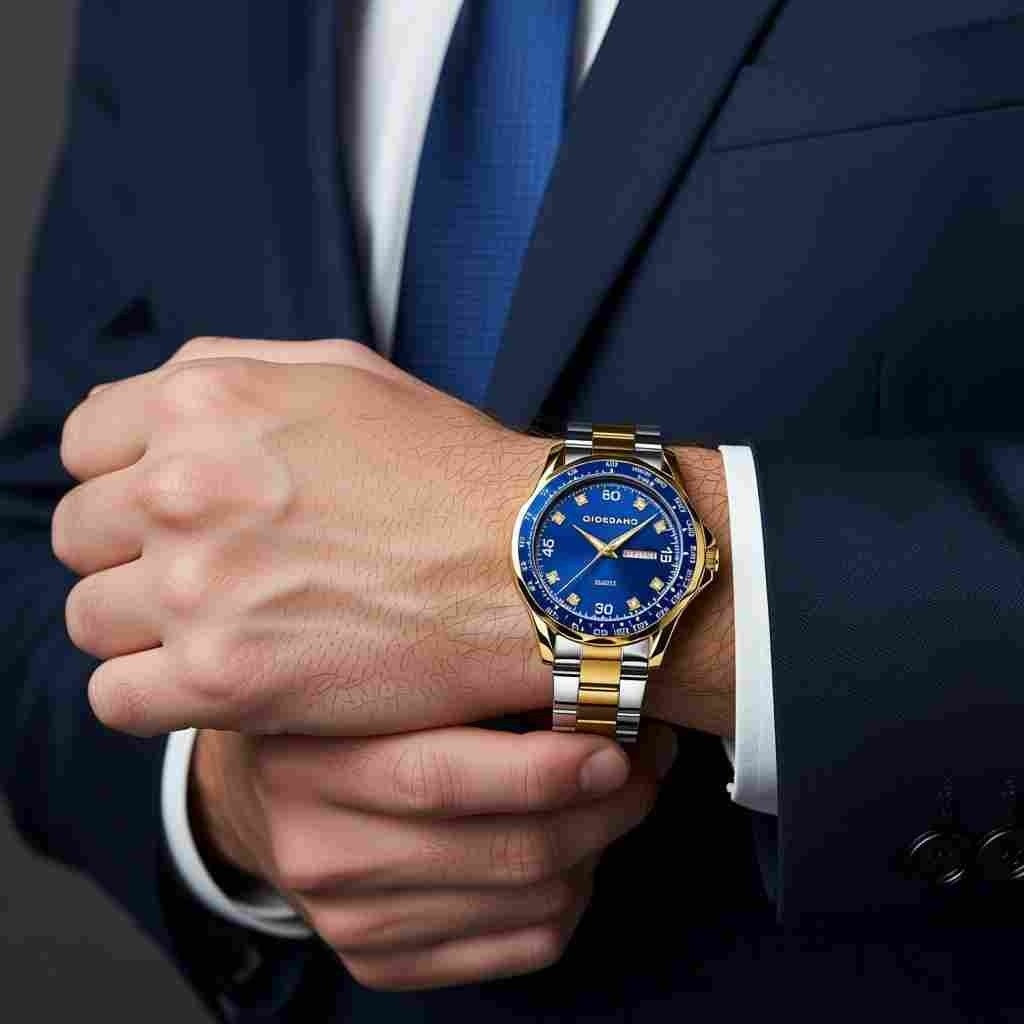 GIORDANO Two-Tone Analog Watch for Men - Crystal Hour Markers, Textured Bezel Design,  Day & Date Display, Stainless Steel Strap, Quartz Movement - GZ-50177-22