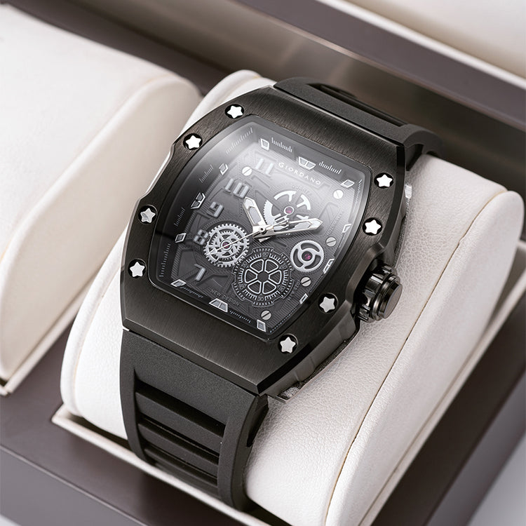 Giordano Sqaure Analog Casual Sporty Watch for Men – Mechanical-Inspired Design dial, Quartz Movement, silicon strap and date display | GZ-50150-01