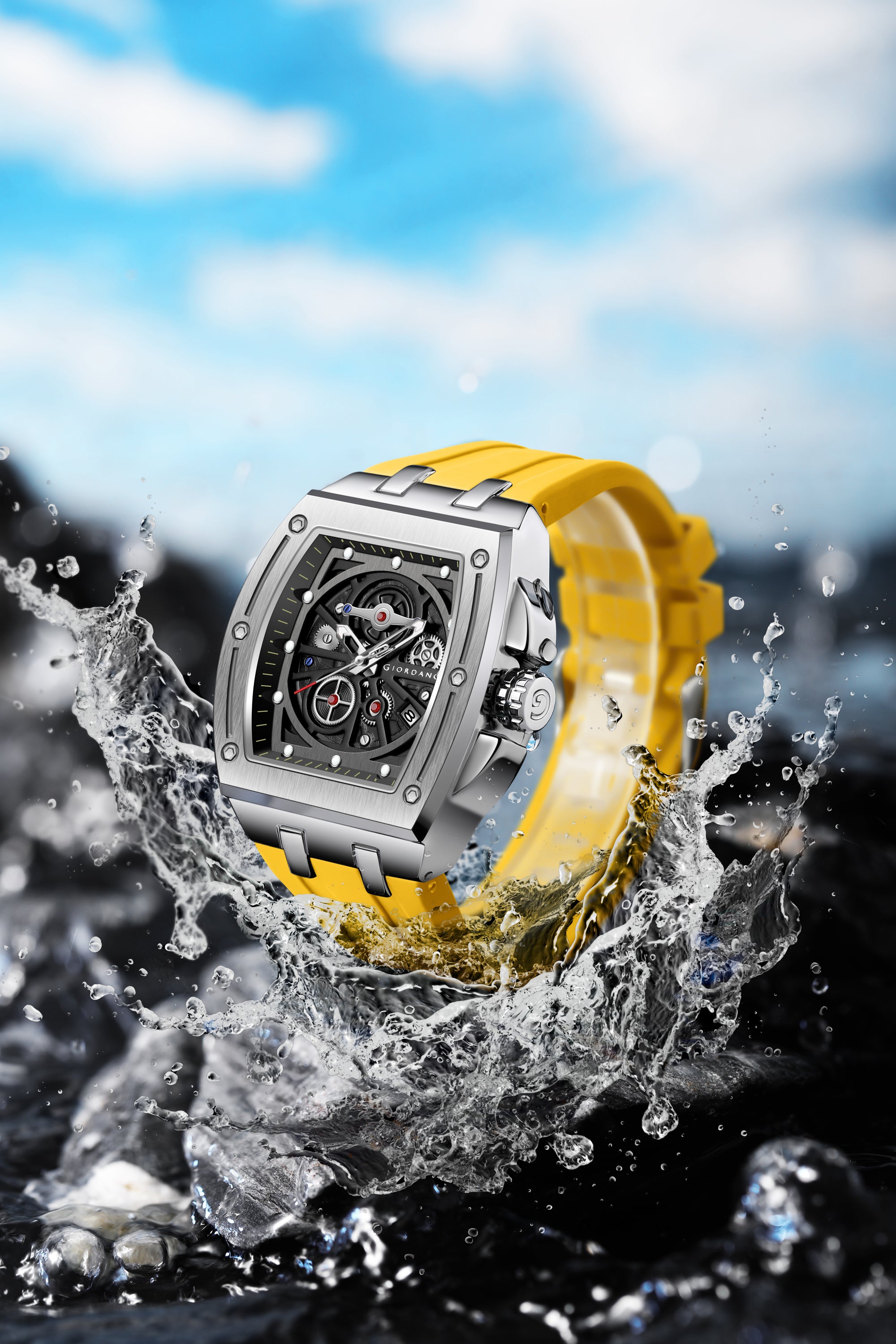 Giordano Sqaure Analog Casual Sporty Watch for Men – Mechanical-Inspired Dial, Date Display, Quartz Movement and Comfortable Silicone Strap | GZ-50151-04