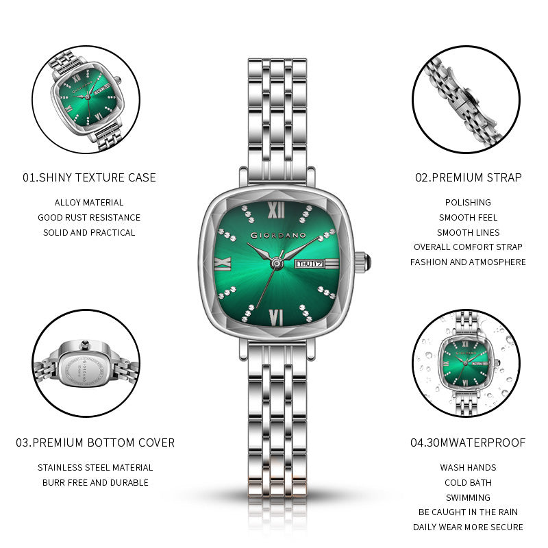 Giordano Elegant Square Watch for Women – Crystal & Roman Hour Markers, Day-Date Display, Stainless Steel Strap | GZ-60097-99