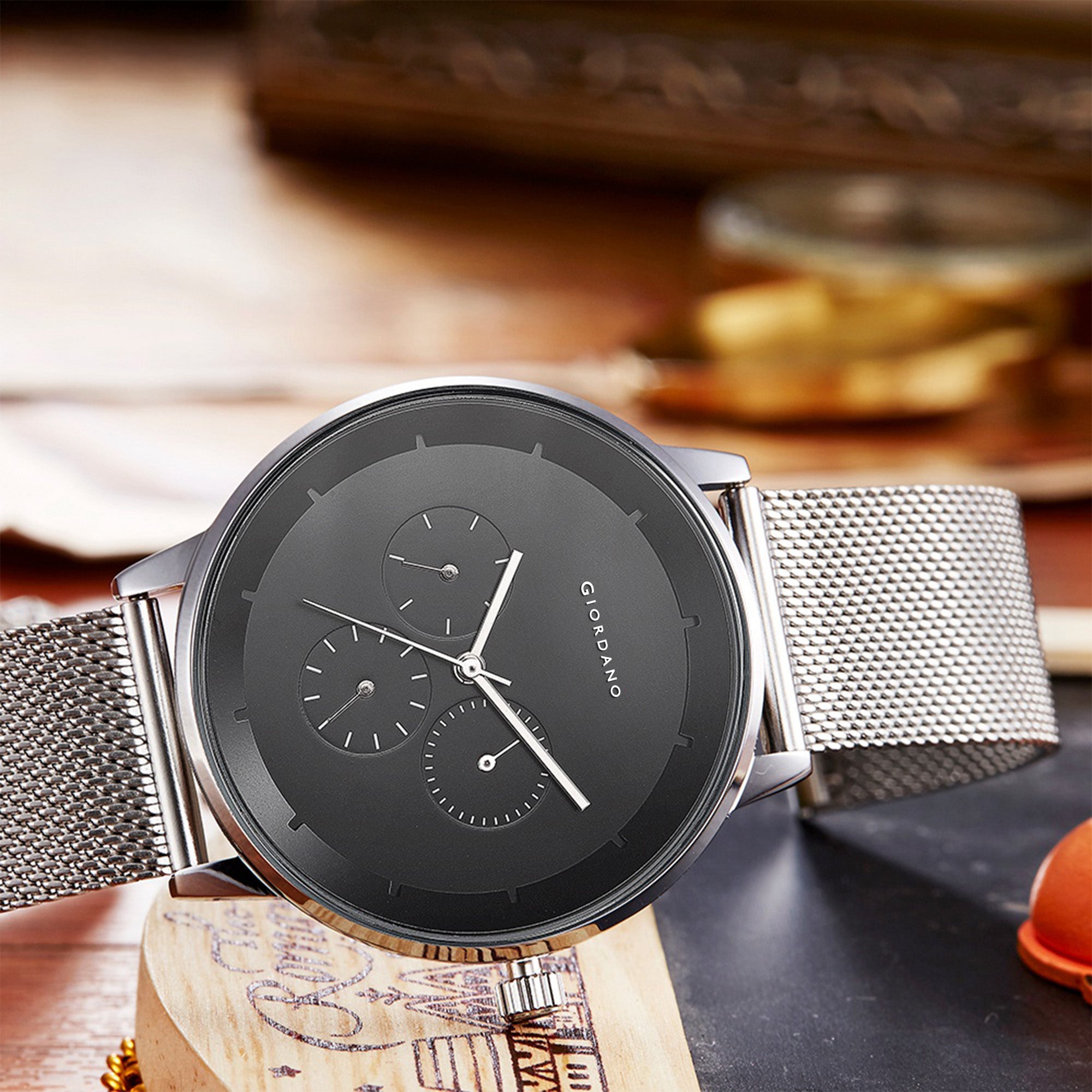 Giordano Skyscrapper Collection Multi-Function Rose Gold Watch for Man with White Dial and Rose Gold Metal Mesh Strap Wrist Watches for Men, with Classy Mesh Band | GZ-50005-11