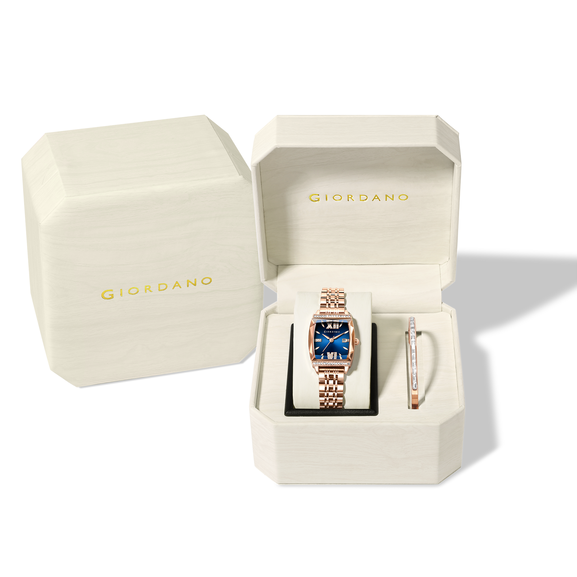 Giordano Analog Watch with Bracelet Set for Women – Cut Glass Square Dial, Crystal Roman Indices and Stainless Steel Strap – Elegant Gift Combo for Women | GZ-60117-33