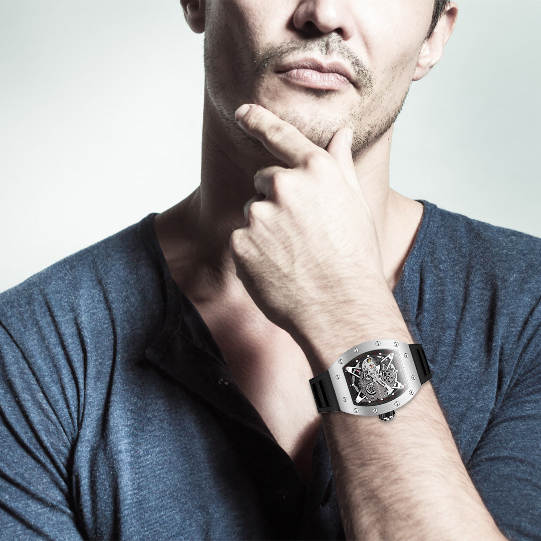 Giordano Automatic Wrist Watch for Men - Open Skeleton Dial | Brushed Steel Case Mechanical Movement with Silicone Strap | GZ-50145-02