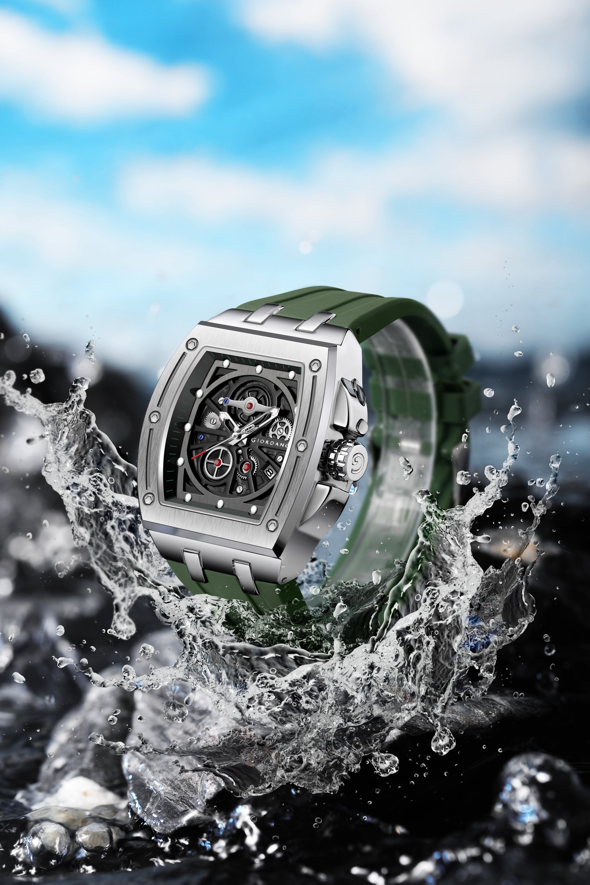 Giordano Sqaure Analog Casual Sporty Watch for Men – Mechanical-Inspired Dial, Date Display, Quartz Movement and Comfortable Silicone Strap | GZ-50151-03