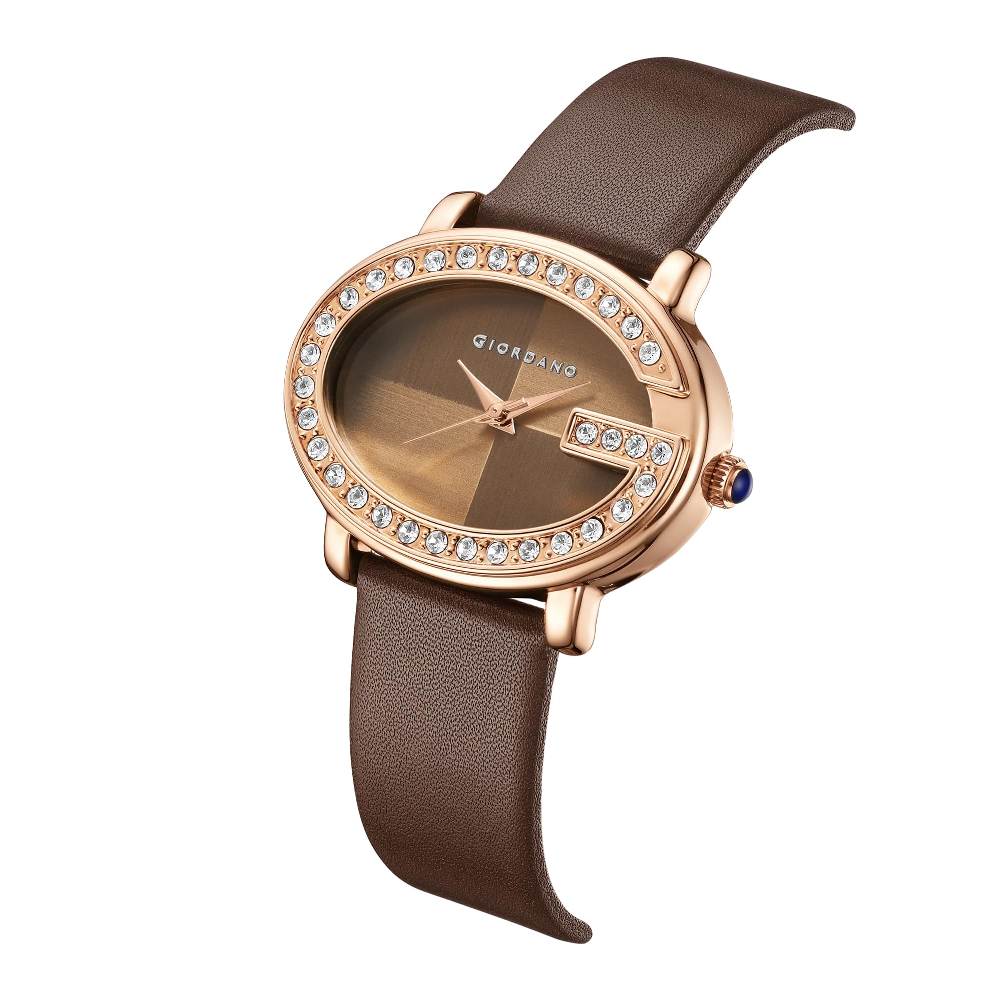 Giordano Monogram Watch for Women with Elegant Oval Shape Dial ,crystal bezel, Quartz Movement and Leather Strap | GZ-60105-03