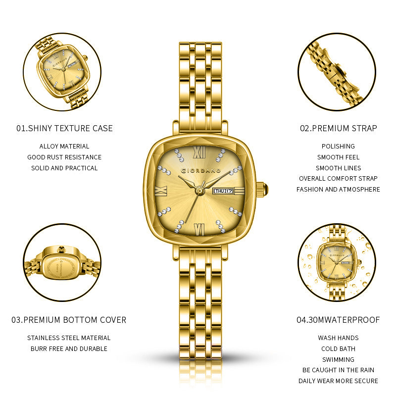 Giordano Elegant Square Watch for Women – Crystal & Roman Hour Markers, Day-Date Display, Stainless Steel Strap | GZ-60097-77