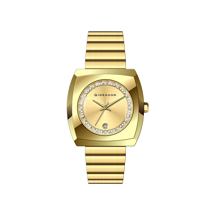 Giordano Square Analog Watch for men –  Sunray gloss Dial with Crystal Hour Markers, Date Display & Stainless Steel Strap – Stylish Luxury Timepiece | GZ-50155-22