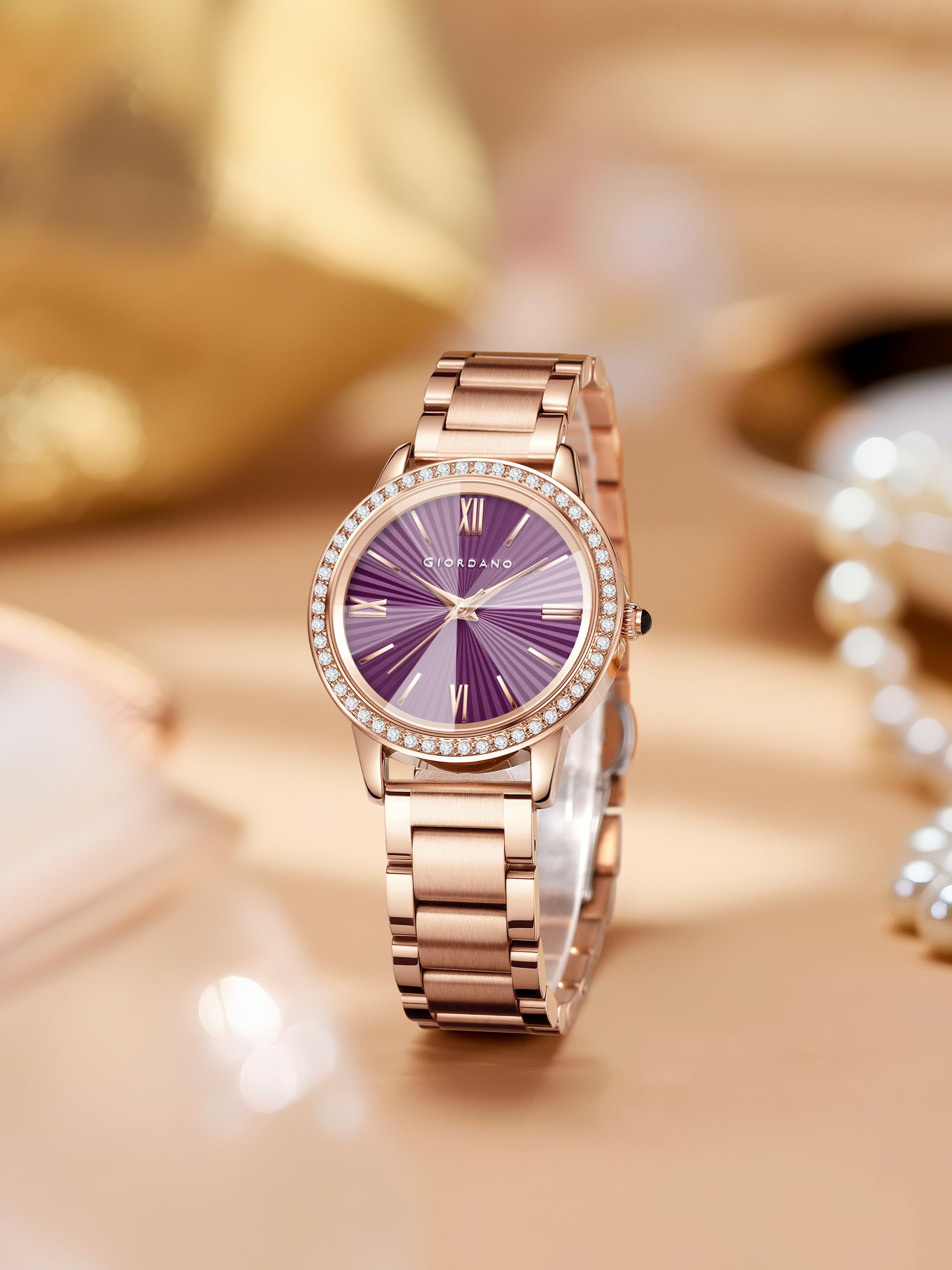 Giordano classic Watch for Women with Round Diamond Cut Glass Dial, Elegant Stainless Steel Strap with Quartz Movement | GZ-60118-33