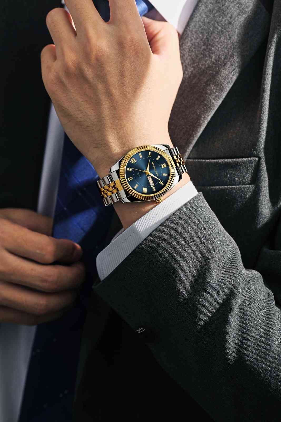 GIORDANO Analog Watch for Men – Luxury Two-Tone Stainless Steel Strap, Gold Accents, Crystal Hour Markers, Fluted Bezel, and Day-Date Display - GZ-50173-33