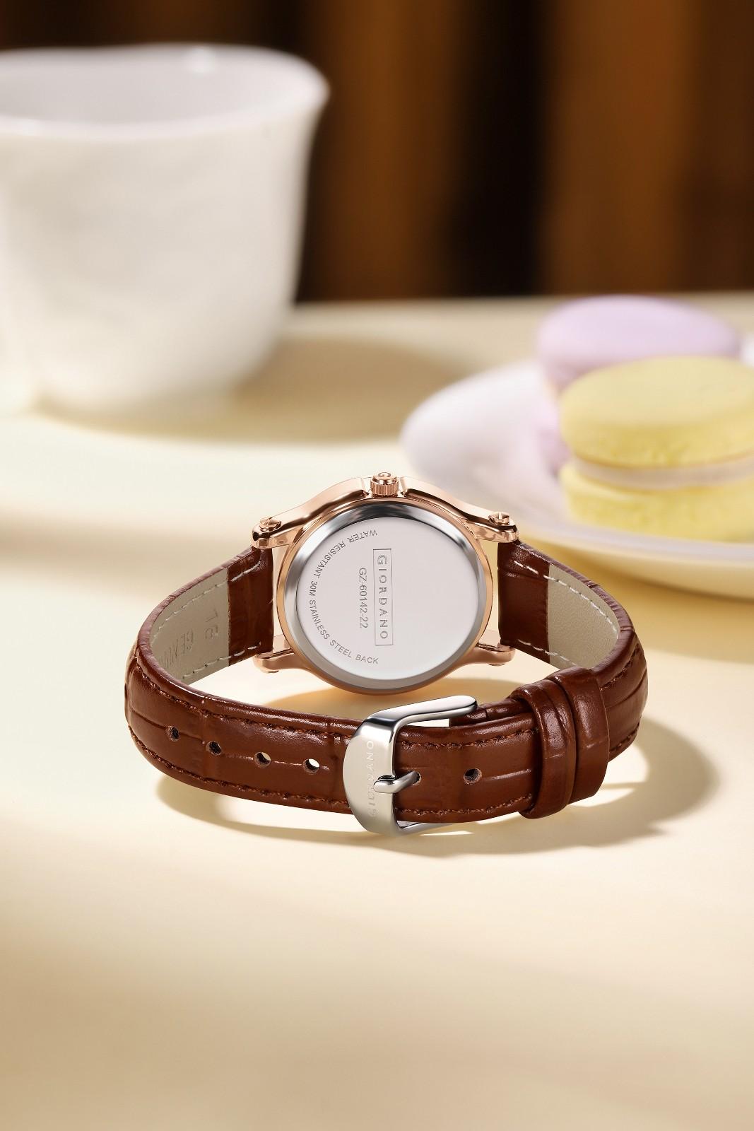 Giordano Luxury Analog Quartz Watch for Women – Rose Gold Case, Roman Numerals, Crystal-Studded Dial, Leather Strap – Elegant Timepiece - GZ-60142-22