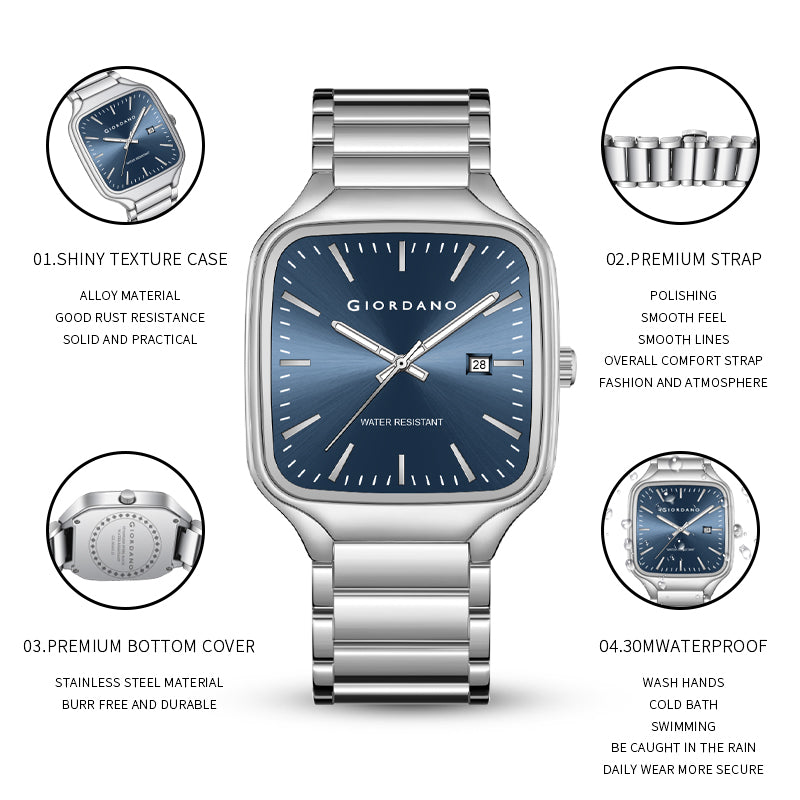 Giordano Analog Watch for Men – Square Dial, Stainless Steel Strap, Date Display, Water Resistant Classic Dress Watch | GZ-50163-22