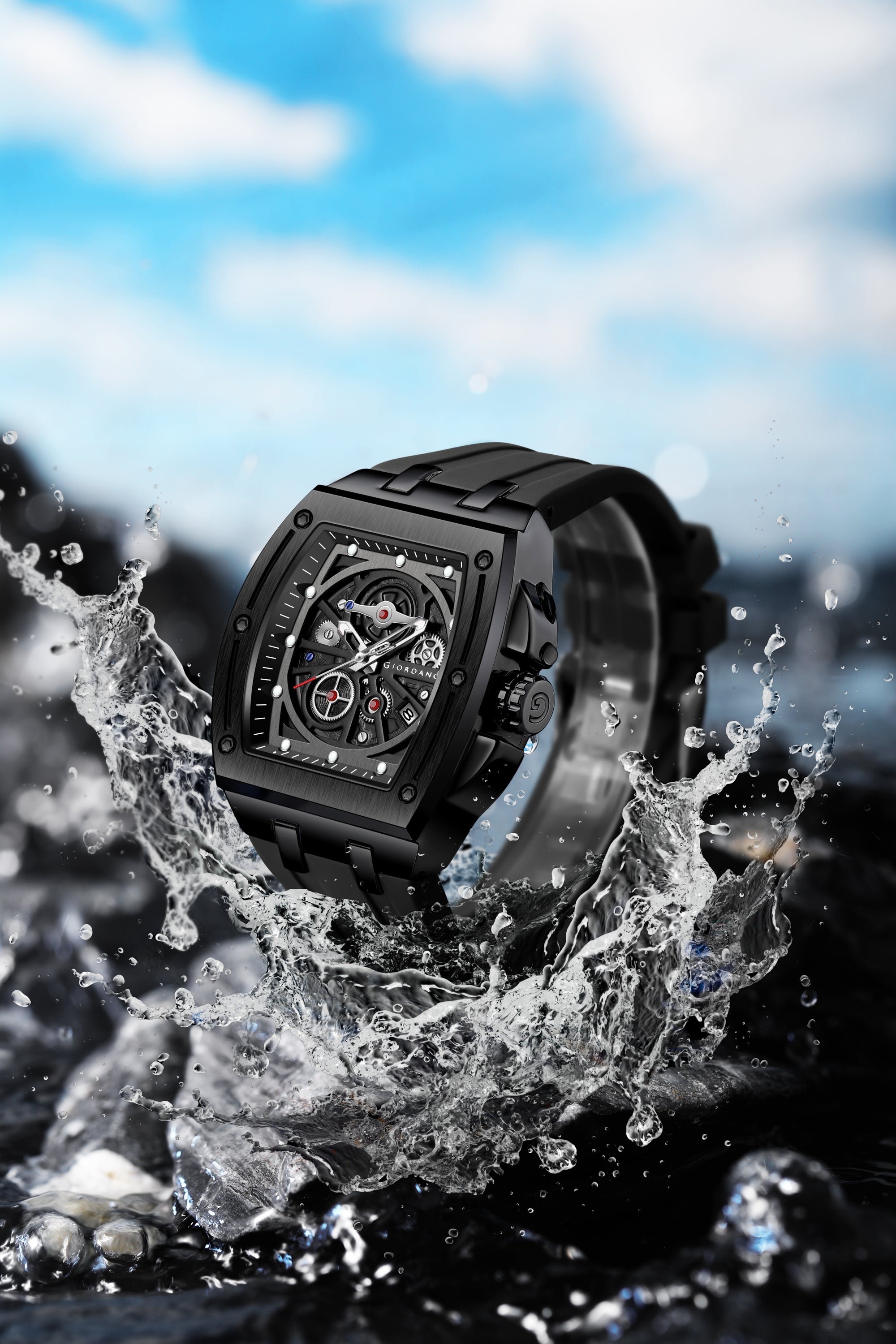 Giordano Sqaure Analog Casual Sporty Watch for Men – Mechanical-Inspired Dial, Date Display, Quartz Movement and Comfortable Silicone Strap | GZ-50151-01