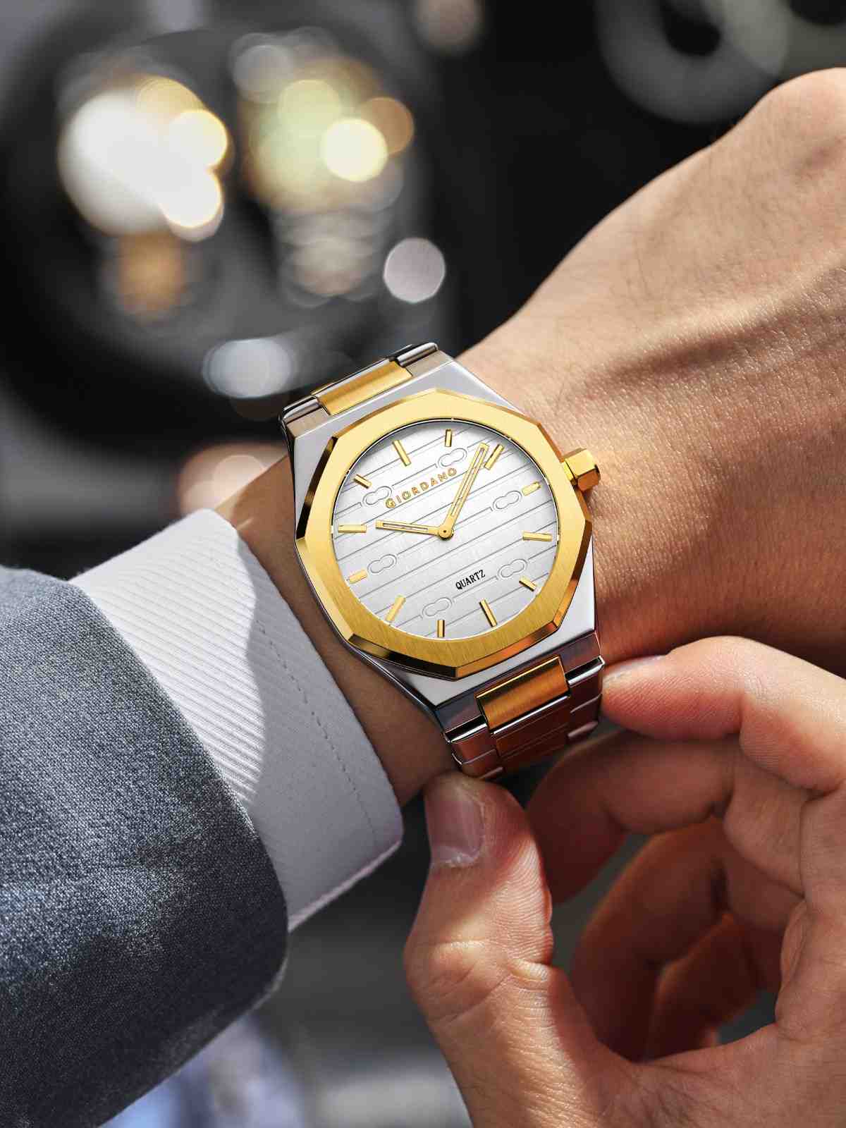 GIORDANO Elegant Analog Watch for Men with Octagonal Textured Dial, Stainless Steel Strap, Luminous Markers, and Quartz Movement - GZ-50178-33