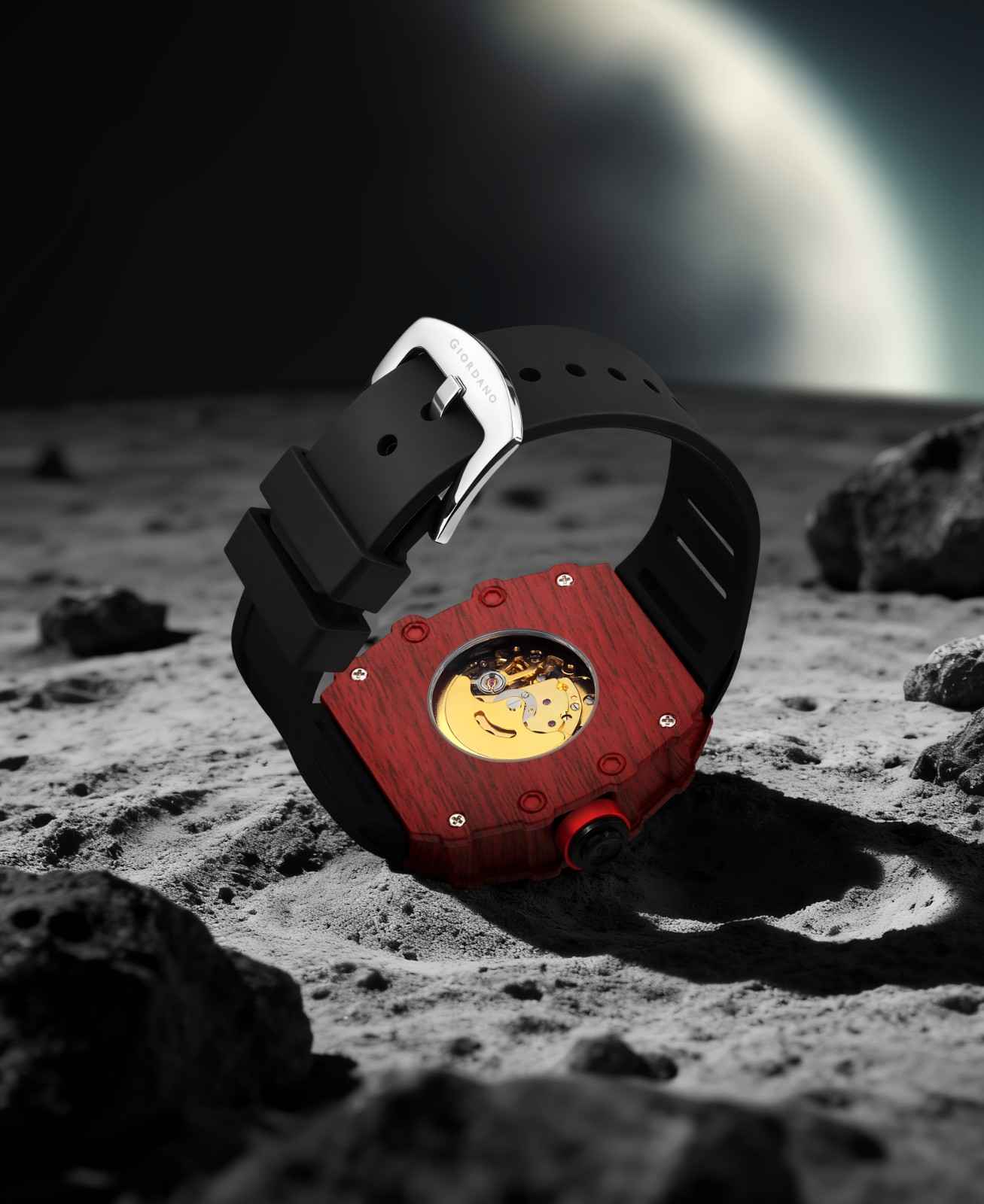 GIORDANO Automatic Square Watch for Men with Skeleton Design, Rugged Textured Case, Luminous Hands, and Silicone Strap - GZ-50181-22