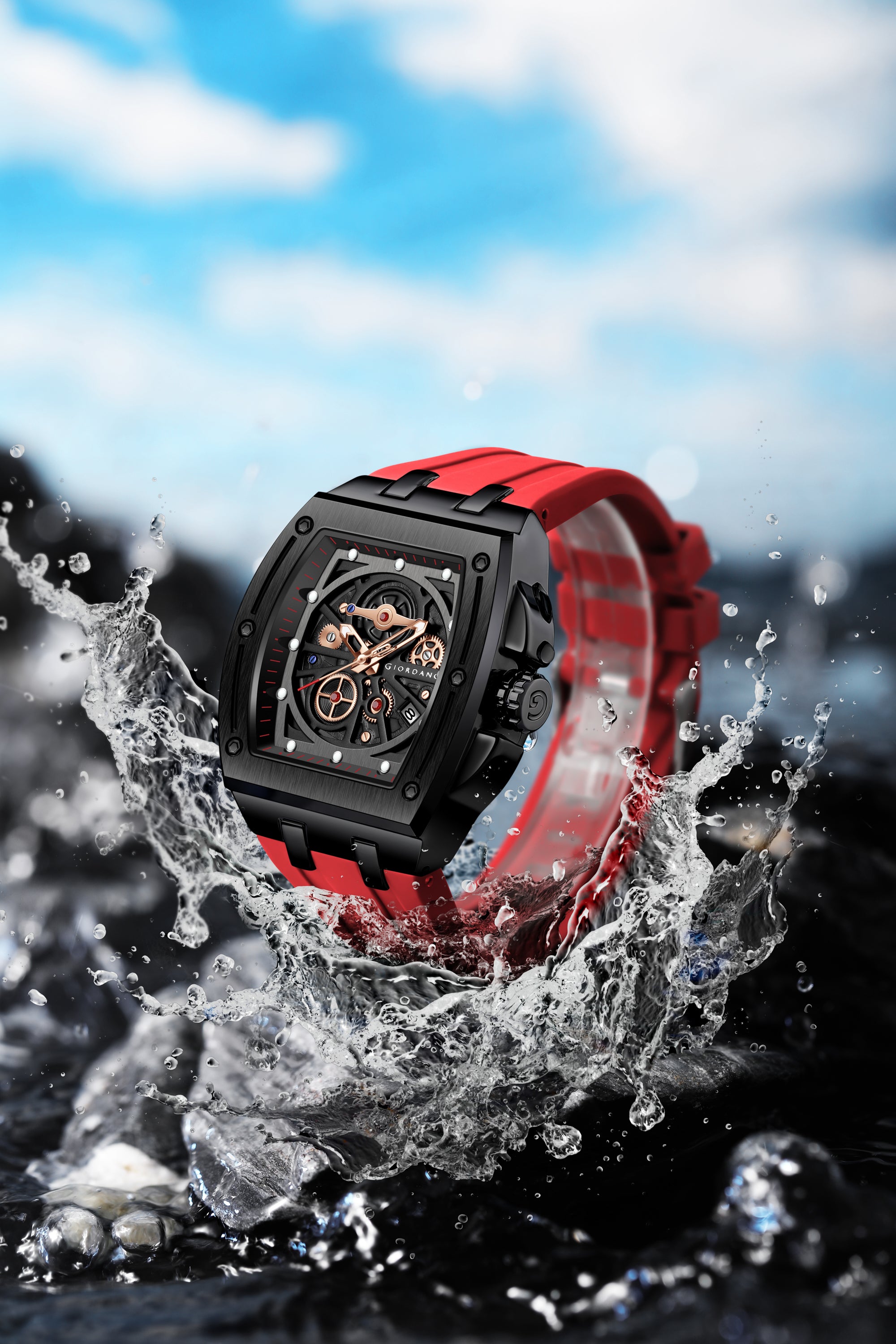 Giordano Sqaure Analog Casual Sporty Watch for Men – Mechanical-Inspired Dial, Date Display, Quartz Movement and Comfortable Silicone Strap | GZ-50151-02