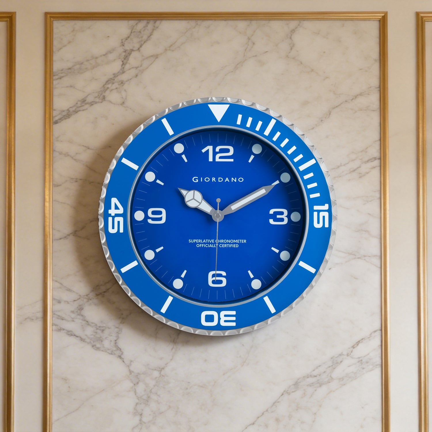 Giordano Wall Clock, Silent Sweep Non-Ticking Quartz Movement, 12 Inch(30 cm) HD Glass Blue Dial, Blue Diver Style Bezel, Plastic Frame - GDCLTM2026BLU