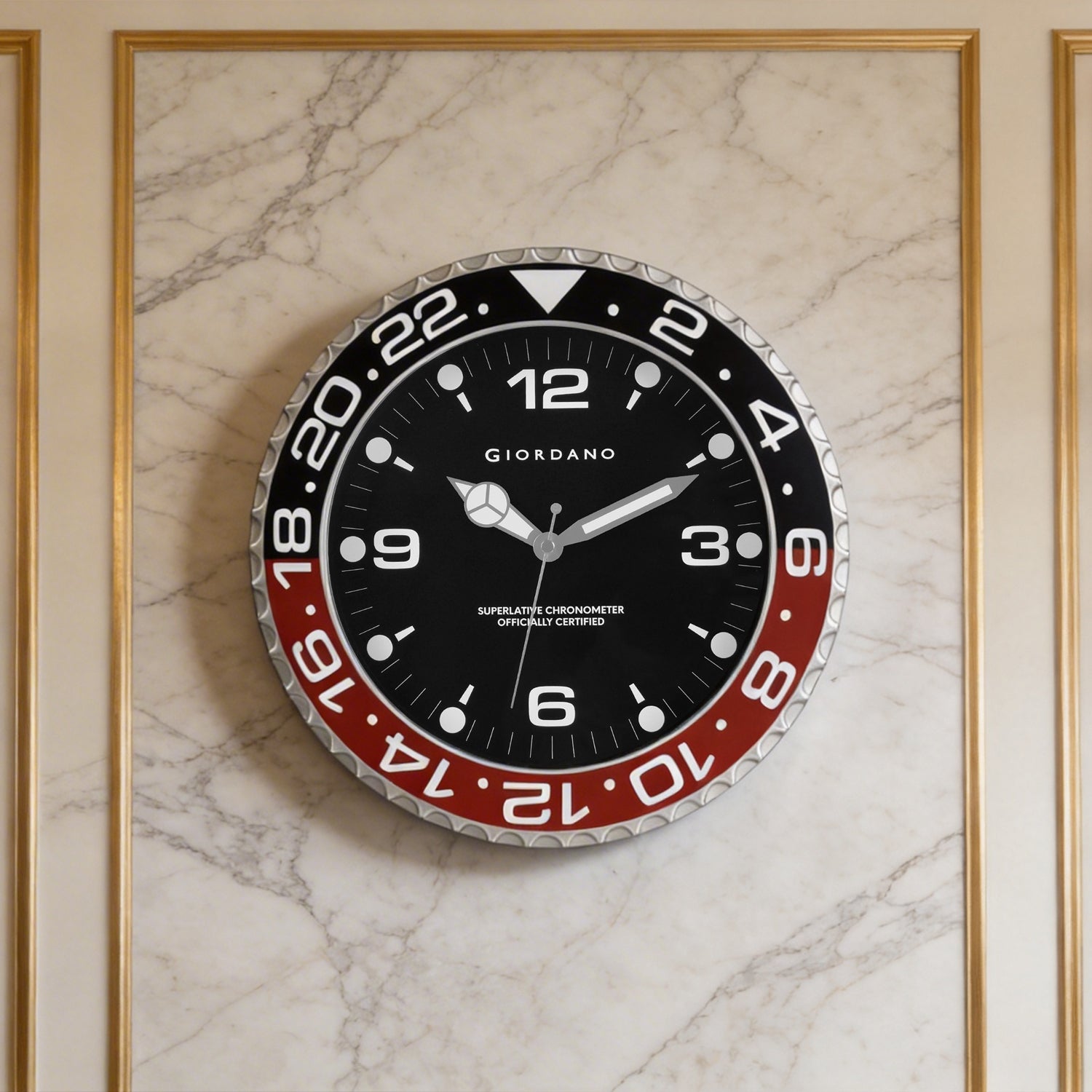 Giordano Wall Clock, Silent Sweep Non-Ticking Quartz Movement, 12 Inch(30 cm) HD Glass Black Dial, Red & Black Diver Style Bezel, Plastic Frame - GDCLTM2026BLKRD