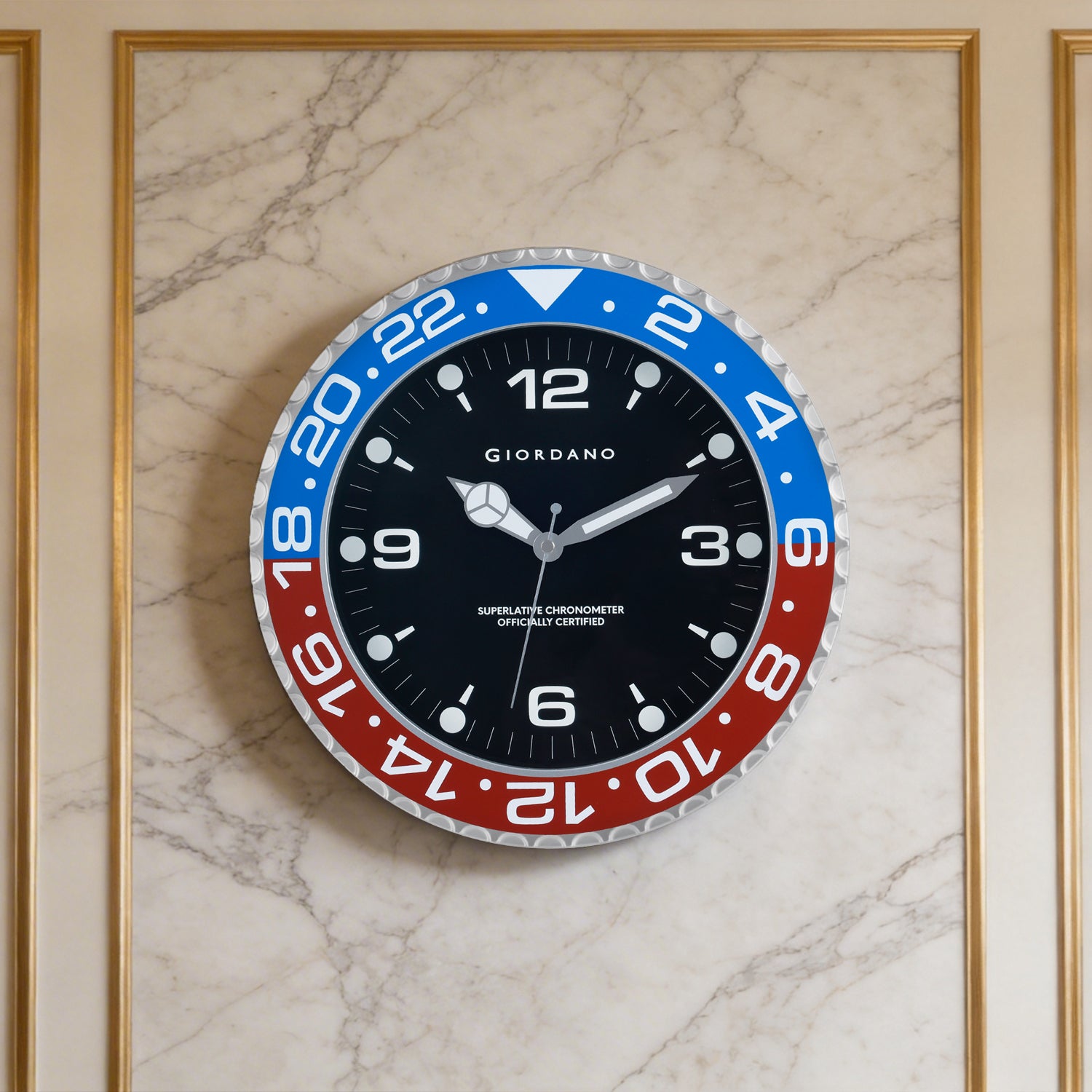 Giordano Wall Clock, Silent Sweep Non-Ticking Quartz Movement, 12 Inch(30 cm) HD Glass Black Dial, Blue & Black Diver Style Bezel, Plastic Frame - GDCLTM2026BLRD