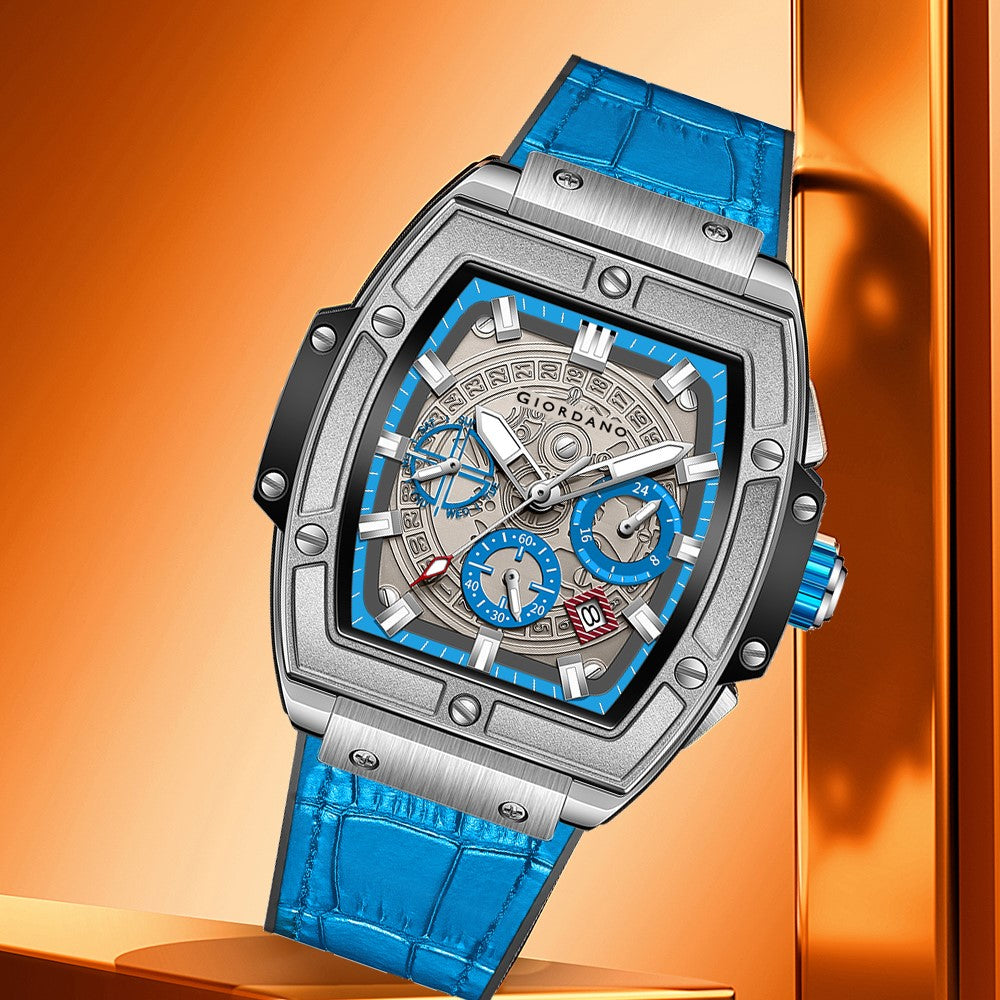 Giordano Terminator Blue Leather Multifunction Watch for men - with Day, Date, and 24-Hour Sub-Dials | Water Resistant Square Dial Unique Design Wrist Watch for Man | GZ-50098-05