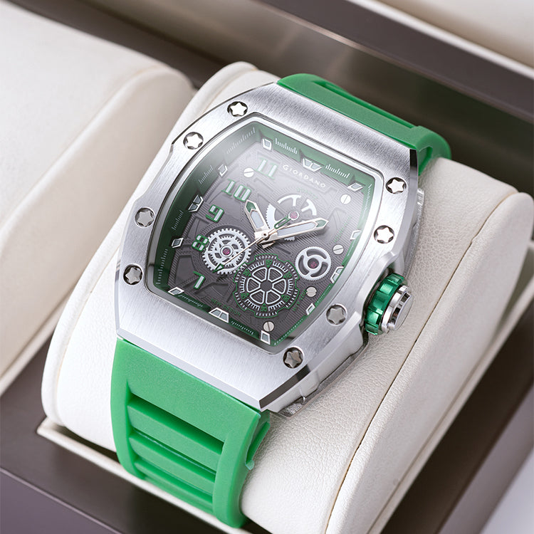 Giordano Sqaure Analog Casual Sporty Watch for Men – Mechanical-Inspired Design dial, Quartz Movement, silicon strap and date display | GZ-50150-03