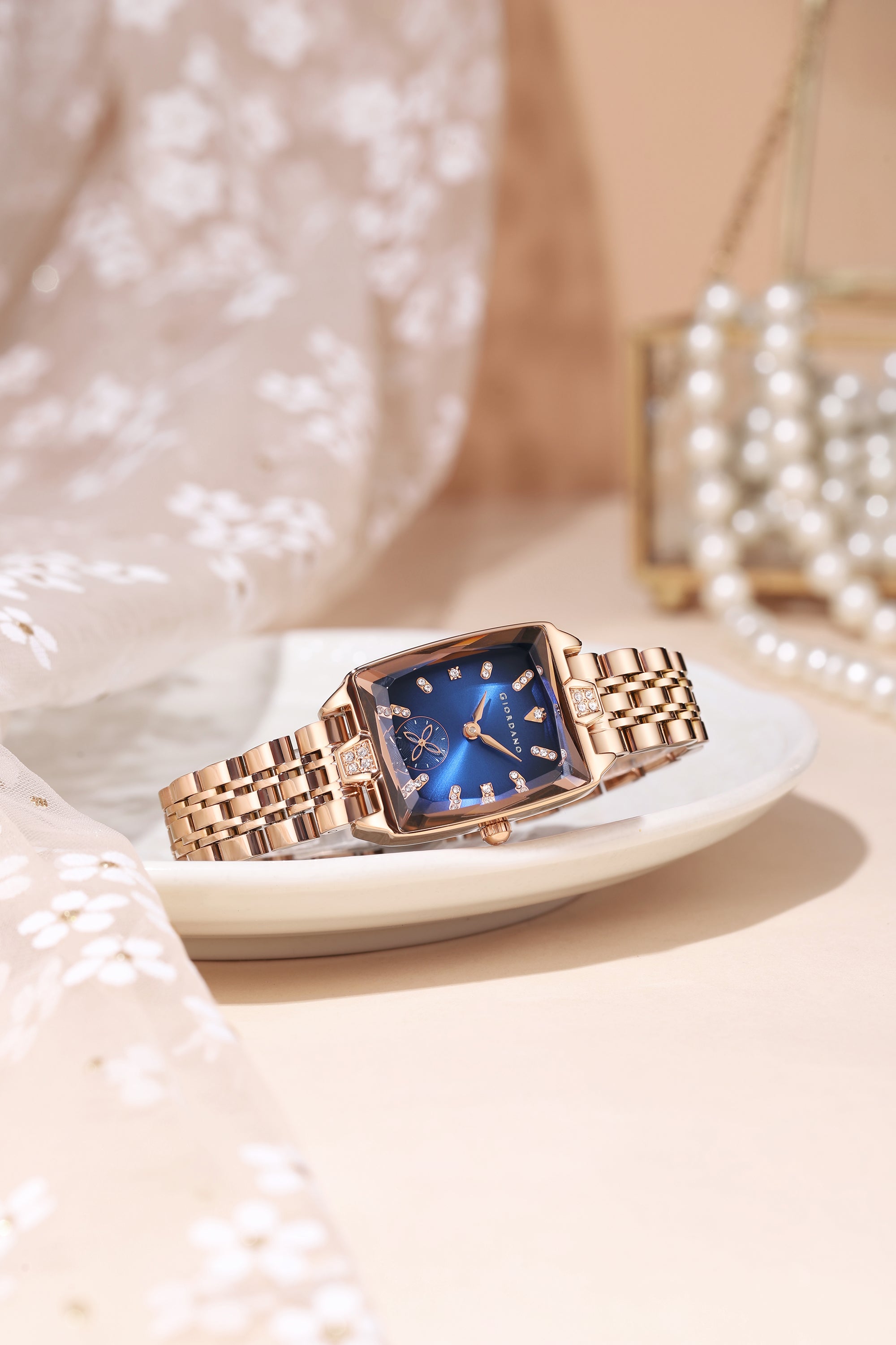 Giordano Analog Watch For Women - Rectangular Dial, Crystal Hour Markers And Rose Gold Stainless Steel Strap GZ-60102-22