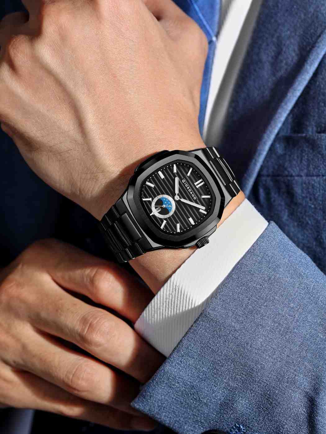 GIORDANO Analog Watch for Men – Classic Moon Phase Design with Textured Dial, Durable Stainless Steel Strap, and Date Display - GZ-50179-11