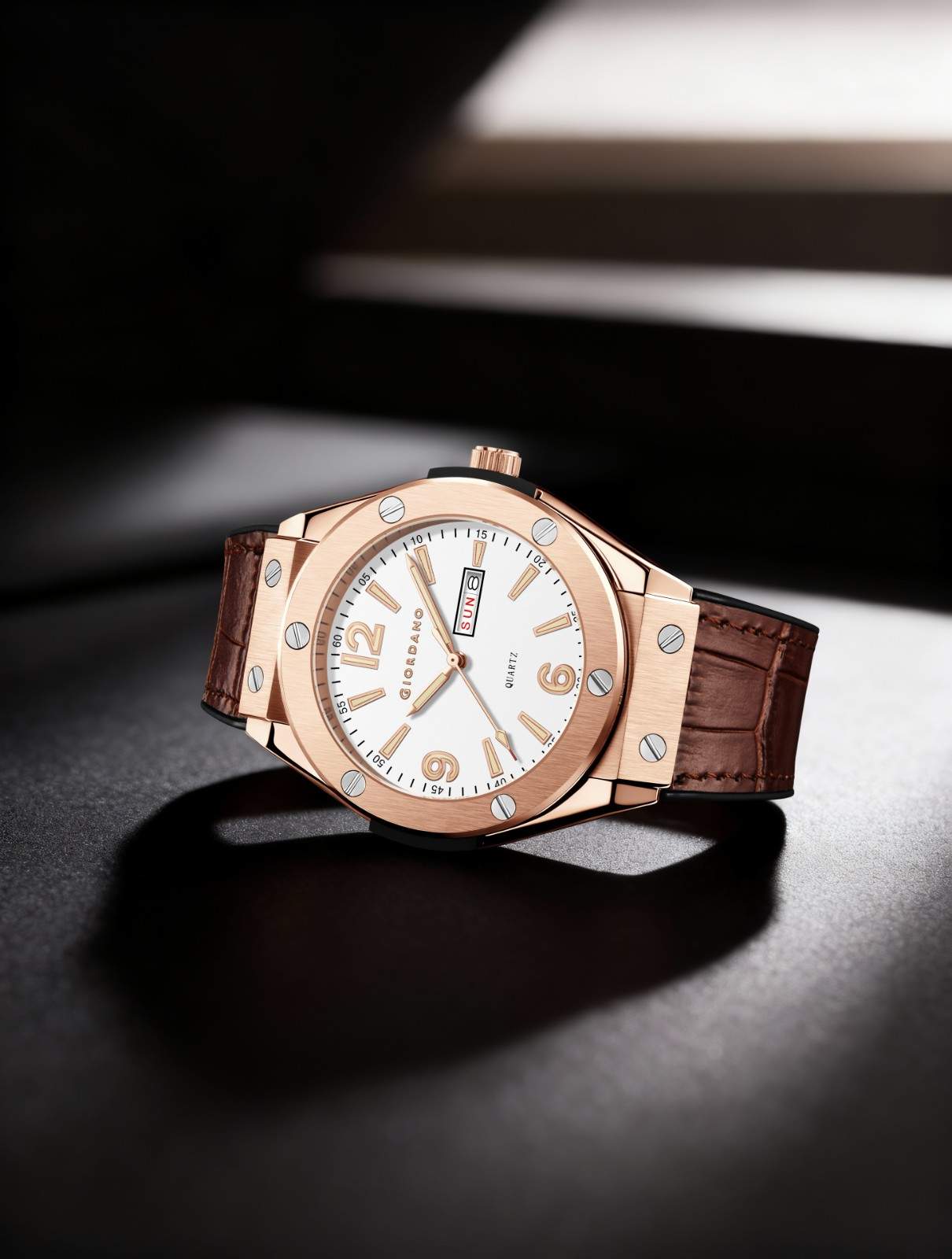 GIORDANO Luxury Watch for Men with Leather Strap, Day-Date Display, Brushed Metal Finish, and Silver Screw Details - GZ-50176-03