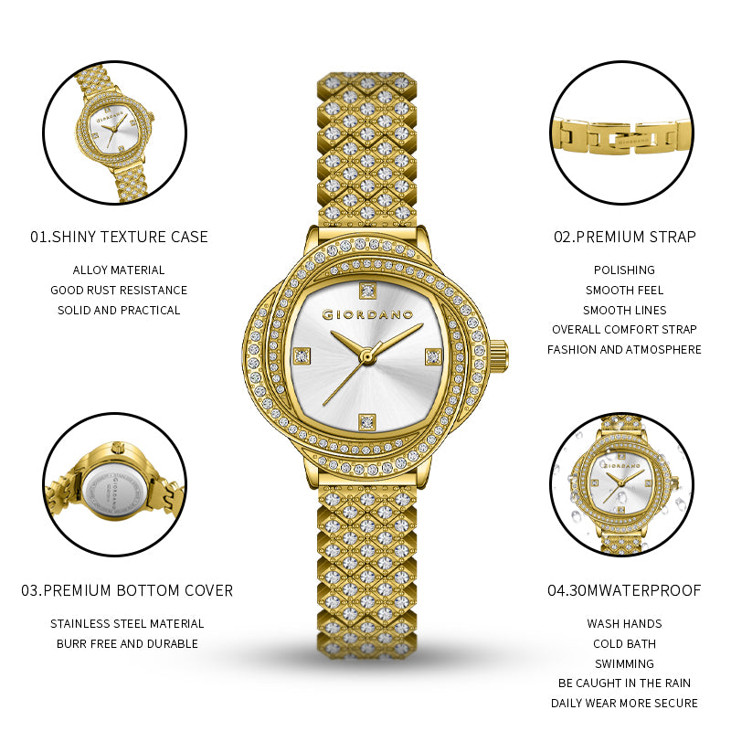 Giordano Luxury Crystal Watch for Women, Stainless Steel Strap, Diamond-Studded Bezel, Elegant Dress Timepiece | GZ-60120-11