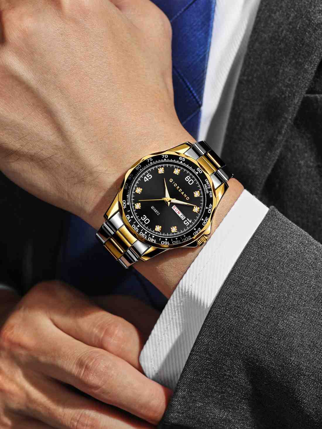 GIORDANO Two-Tone Analog Watch for Men - Crystal Hour Markers, Textured Bezel Design,  Day & Date Display, Stainless Steel Strap, Quartz Movement - GZ-50177-11