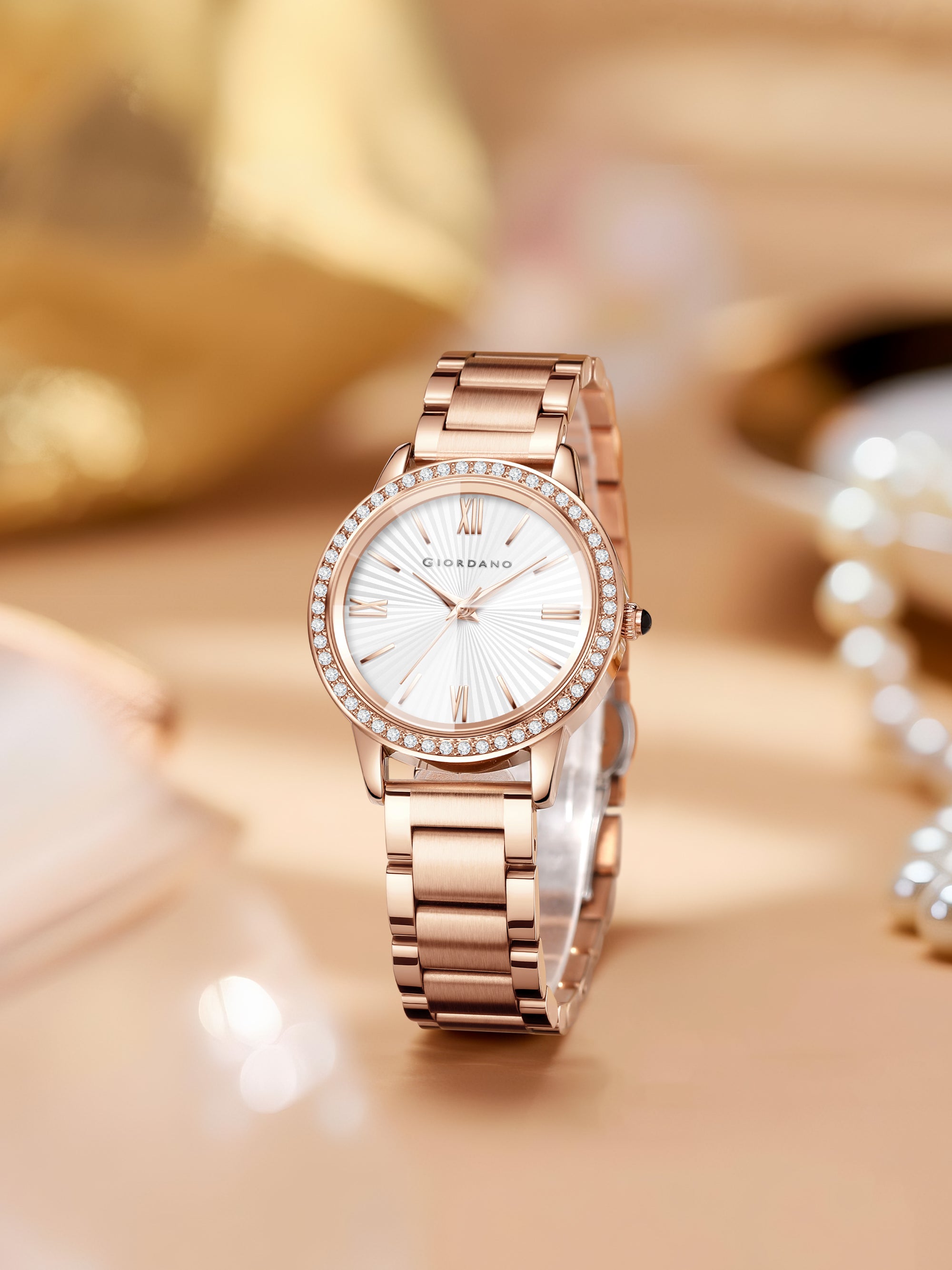 Giordano classic Watch for Women with Round Diamond Cut Glass Dial, Elegant Stainless Steel Strap with Quartz Movement | GZ-60118-44