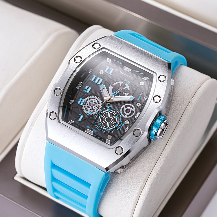 Giordano Sqaure Analog Casual Sporty Watch for Men – Mechanical-Inspired Design dial, Quartz Movement, silicon strap and date display | GZ-50150-04