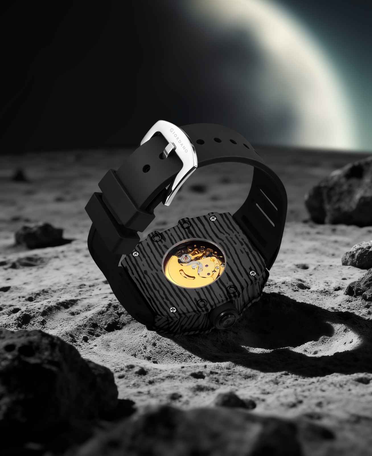 GIORDANO Automatic Square Watch for Men with Skeleton Design, Rugged Textured Case, Luminous Hands, and Silicone Strap - GZ-50181-11