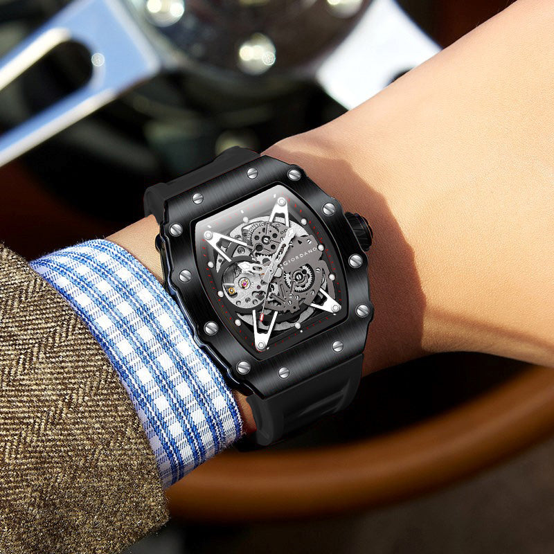 Giordano Automatic Wrist Watch for Men - Open Skeleton Dial | Brushed Steel Case Mechanical Movement with Silicone Strap | GZ-50145-01