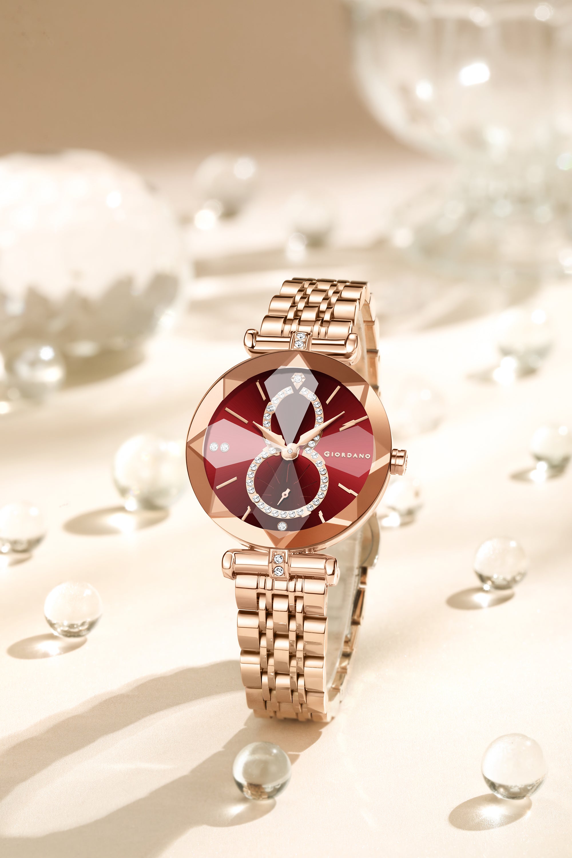 Giordano Luxury Watch for women Round Diamond cut glass Dial,  Elegant Stainless Steel Strap with Quartz Movement-GZ-60092-22