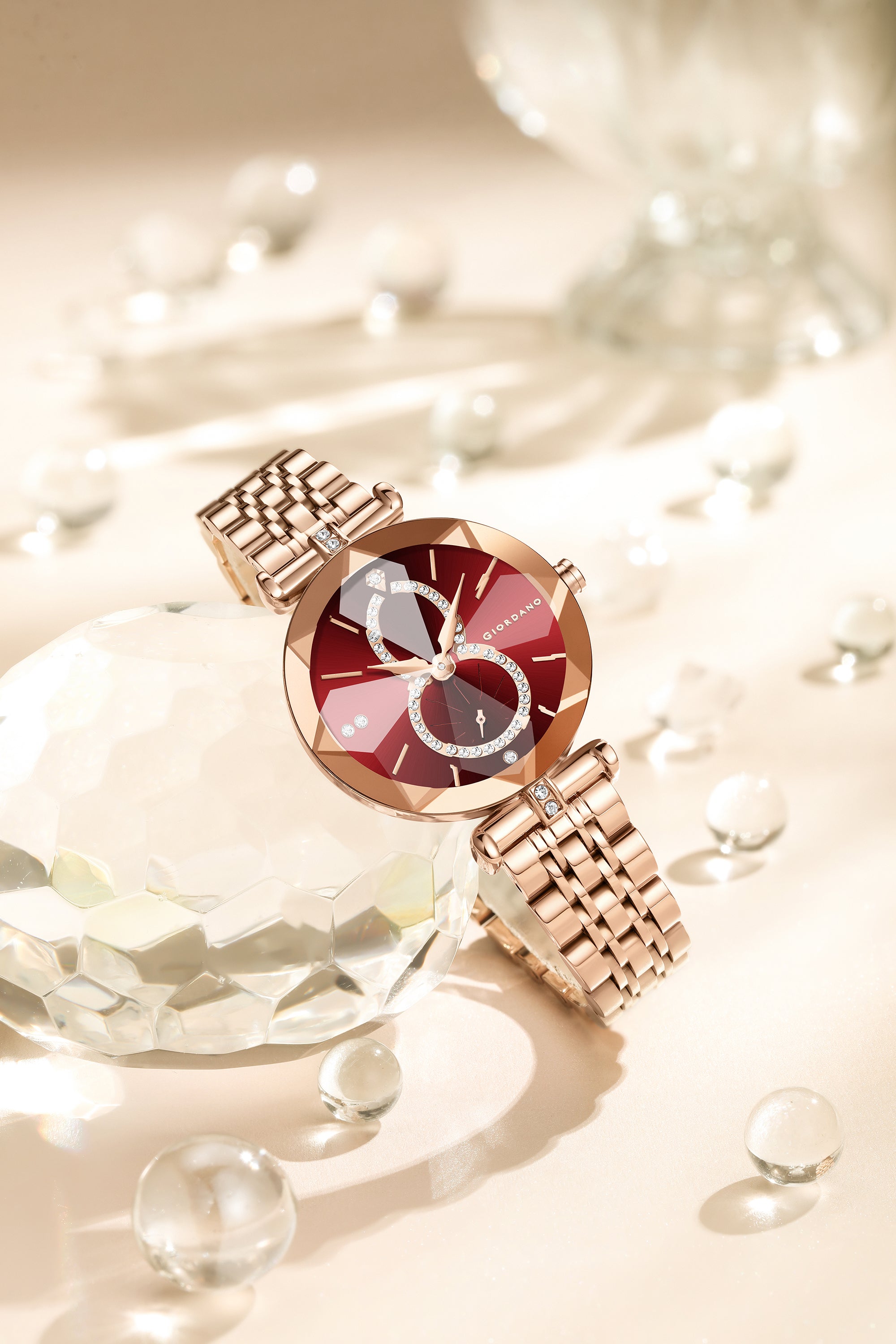 Giordano Luxury Watch for women Round Diamond cut glass Dial,  Elegant Stainless Steel Strap with Quartz Movement-GZ-60092-22