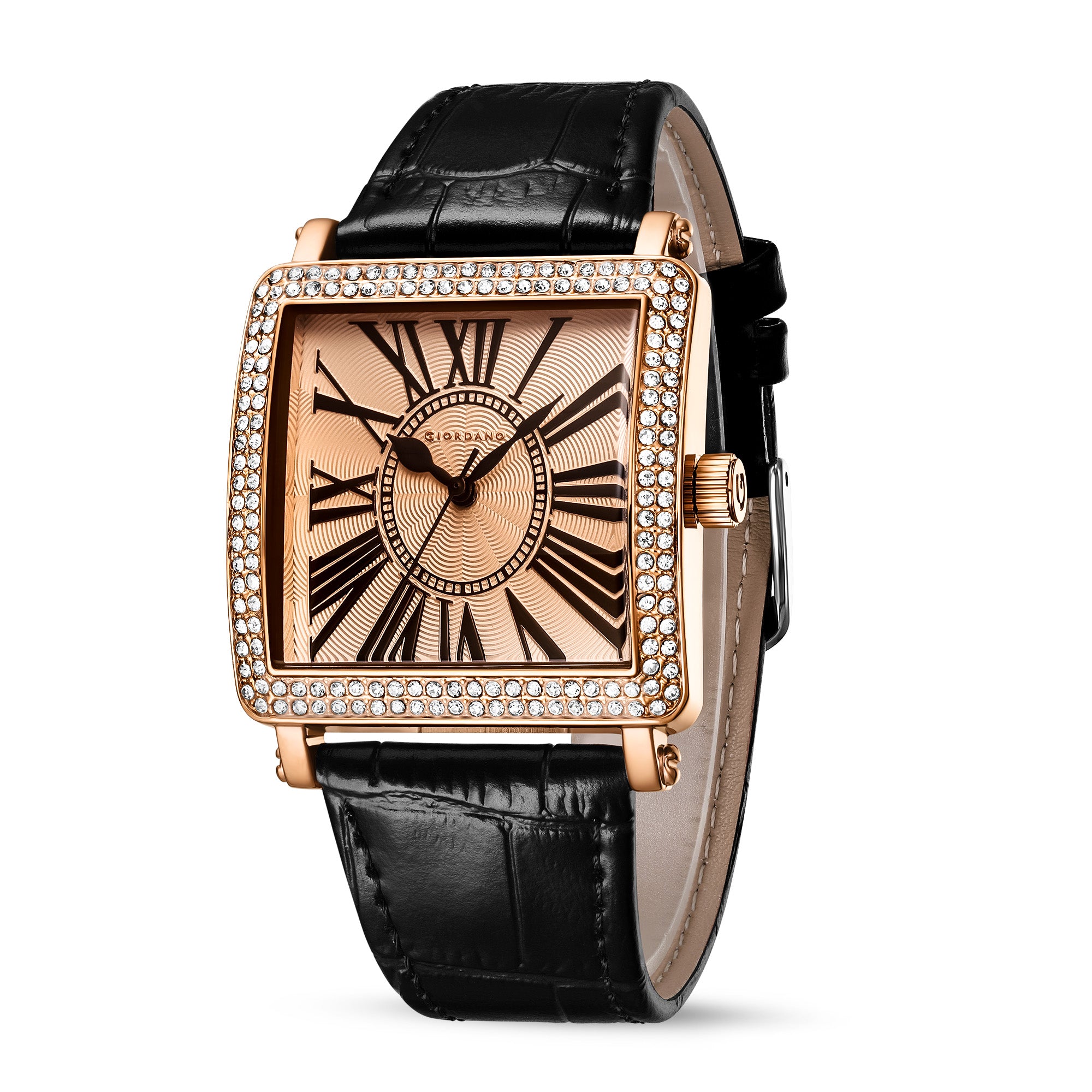 Giordano Elegant Watch for women Crystal-Studded Square Dial,  Leather Band,  Roman Numeral Dial-GZ-60091-01