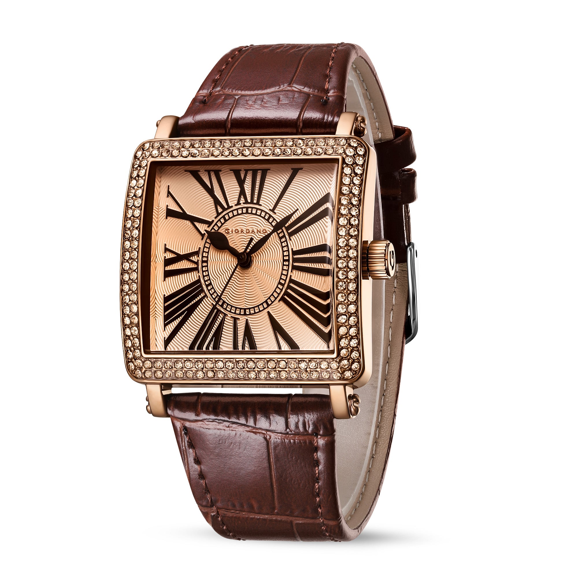 Giordano Elegant Watch for women Crystal-Studded Square Dial,  Leather Band,  Roman Numeral Dial-GZ-60091-03