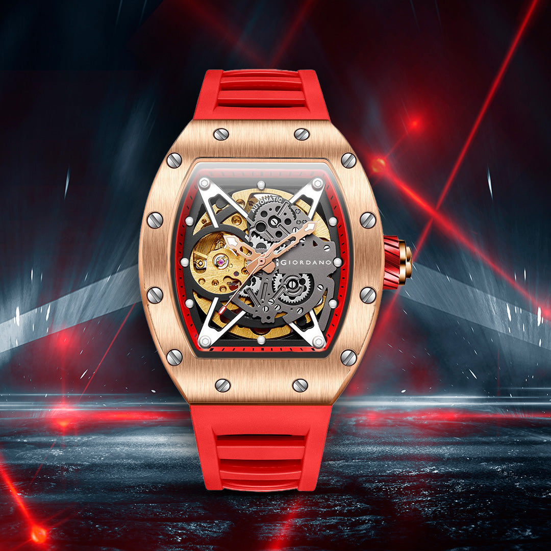 Giordano Automatic Wrist Watch for Men - Open Skeleton Dial | Brushed Steel Case Mechanical Movement with Silicone Strap | GZ-50145-03