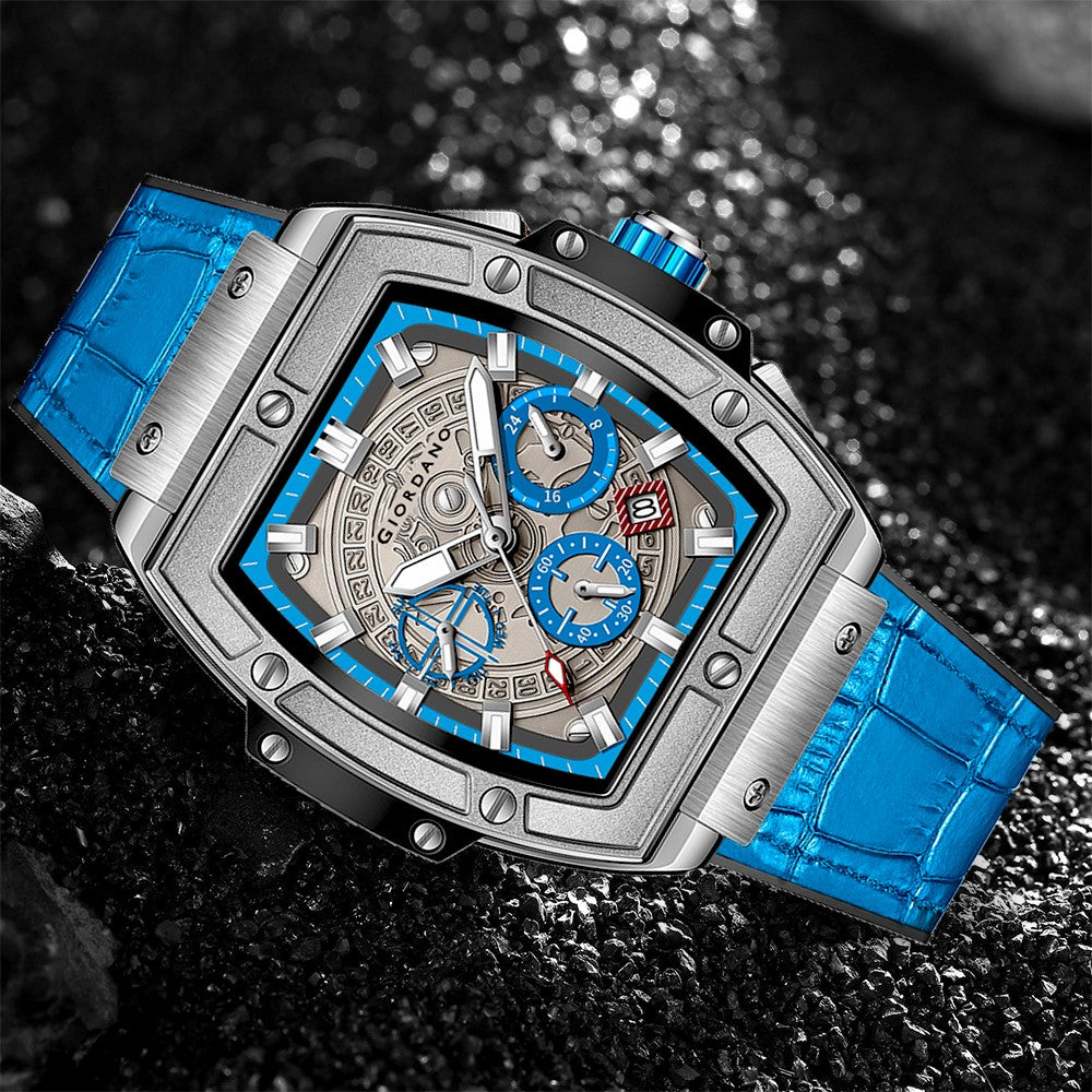 Giordano Terminator Blue Leather Multifunction Watch for men - with Day, Date, and 24-Hour Sub-Dials | Water Resistant Square Dial Unique Design Wrist Watch for Man | GZ-50098-05