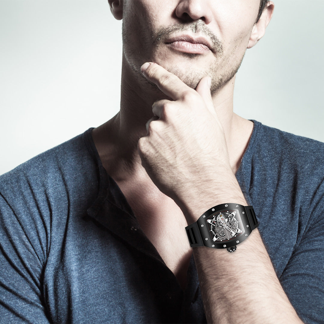 Giordano Automatic Wrist Watch for Men - Open Skeleton Dial | Brushed Steel Case Mechanical Movement with Silicone Strap | GZ-50145-01