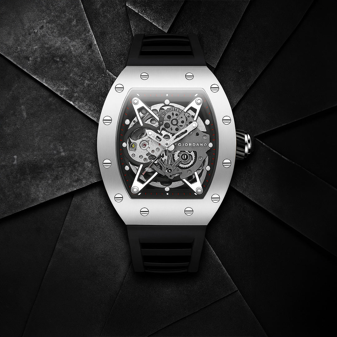 Giordano Automatic Wrist Watch for Men - Open Skeleton Dial | Brushed Steel Case Mechanical Movement with Silicone Strap | GZ-50145-02